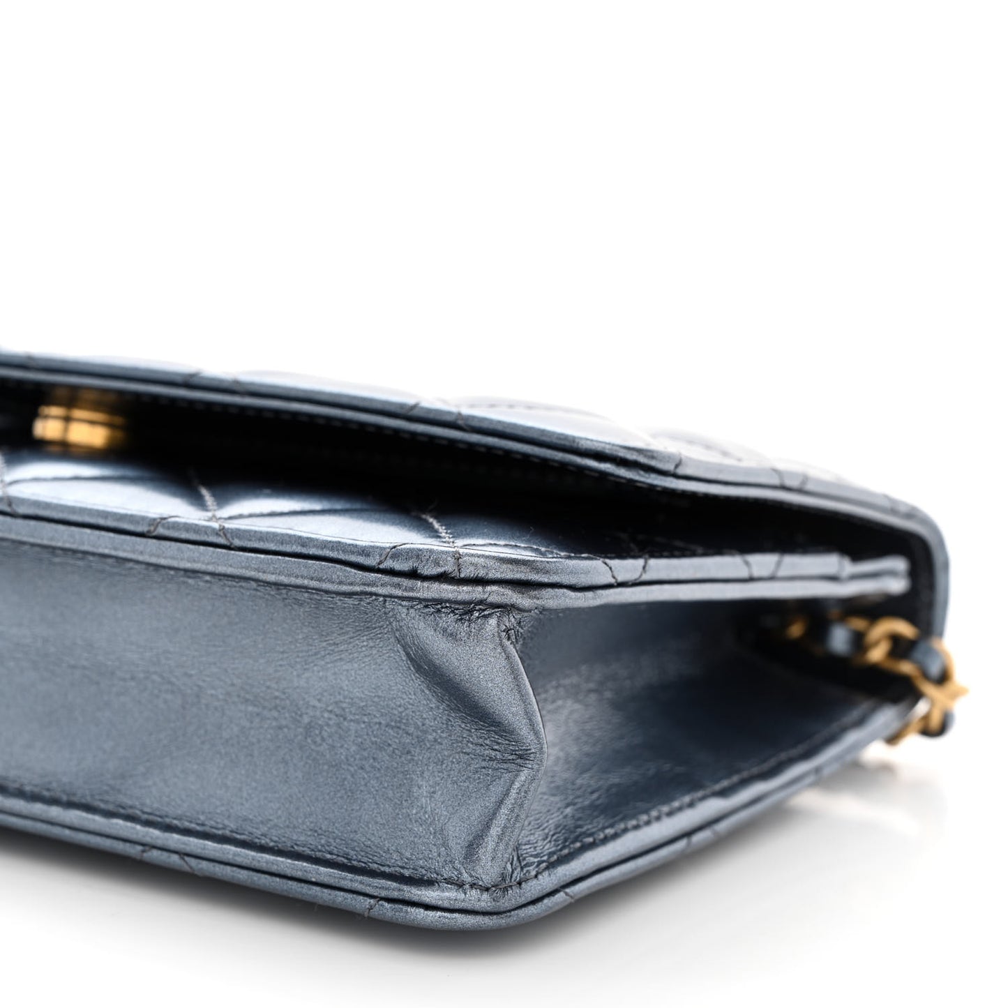 Metallic Lambskin Wallet On Chain WOC Dark Blue