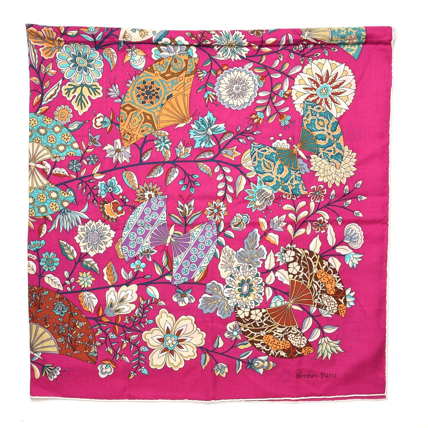 Cashmere Silk Fleurs et Papillons de Tissus Scarf 140 Fuchsia