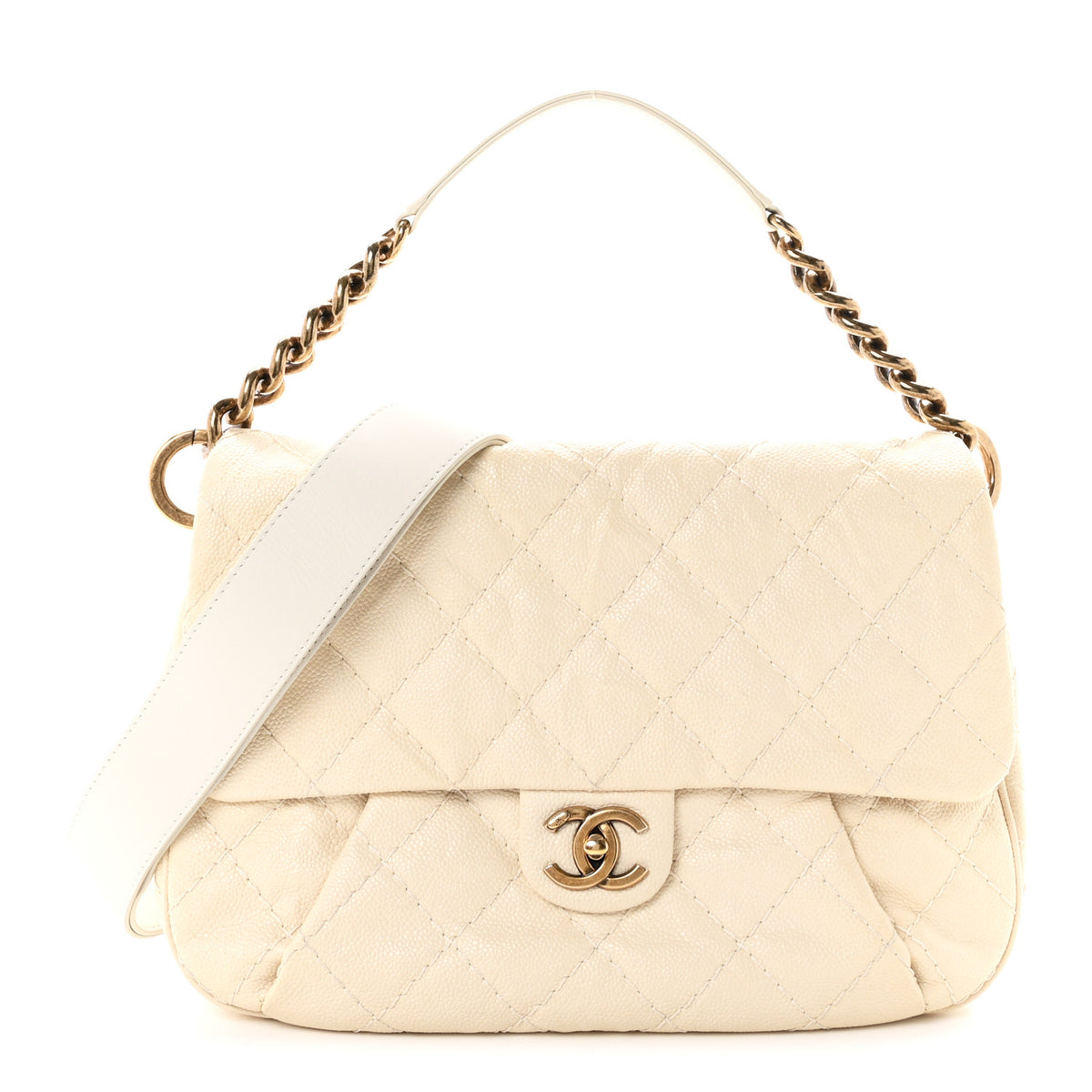 Crumpled Grained Calfskin Medium Coco Pleats Messenger Flap Dark White