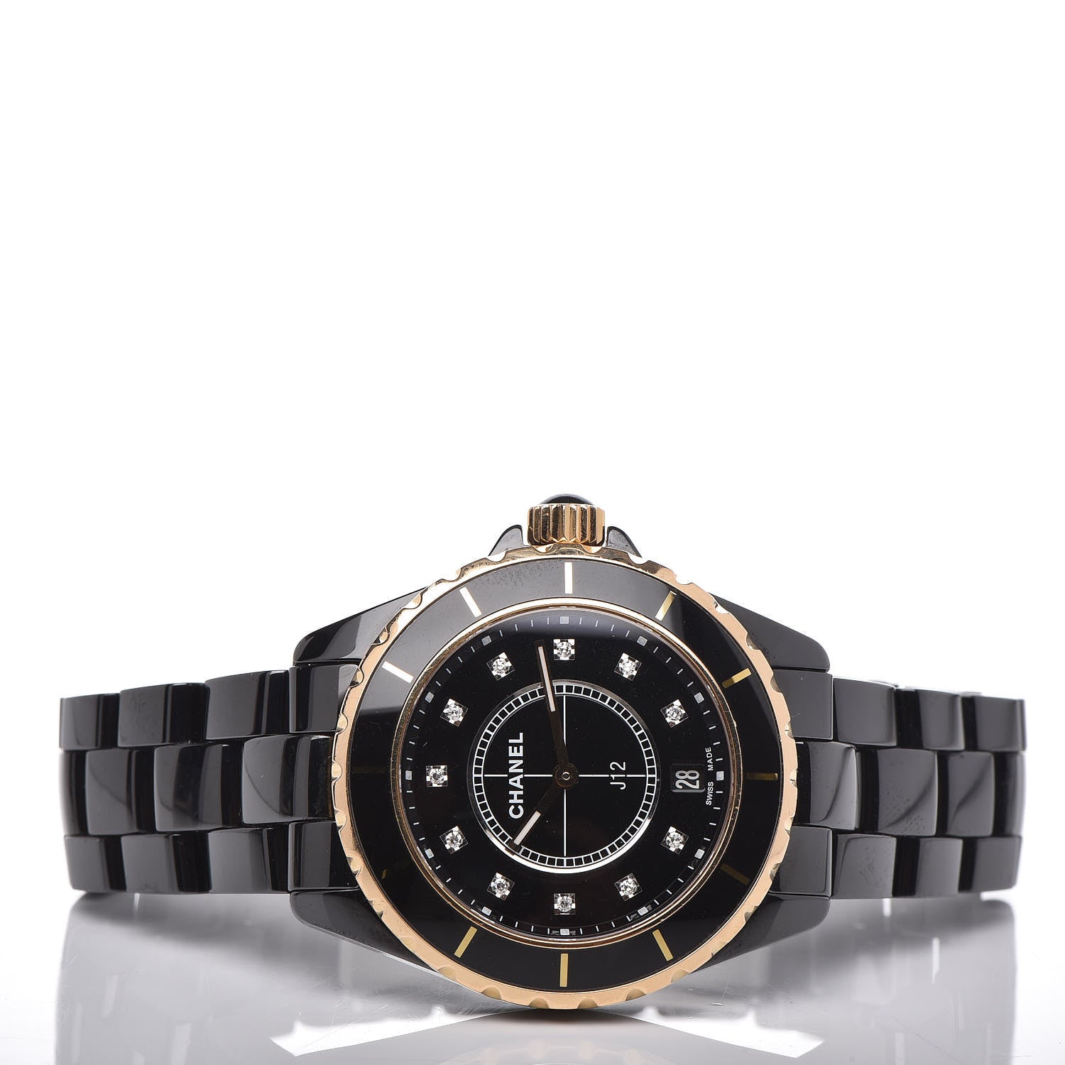 Chanel Stainless Steel 18K Yellow Gold Ceramic Diamond 38mm J12 Quartz Watch Black 3 of 6