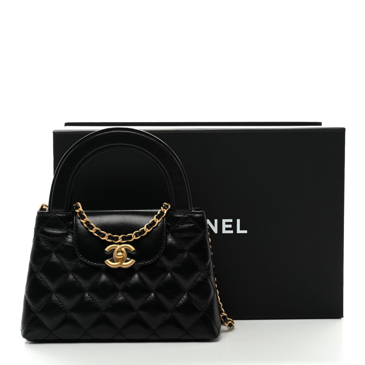 Shiny Aged Calfskin Quilted Nano Kelly Shopper Black