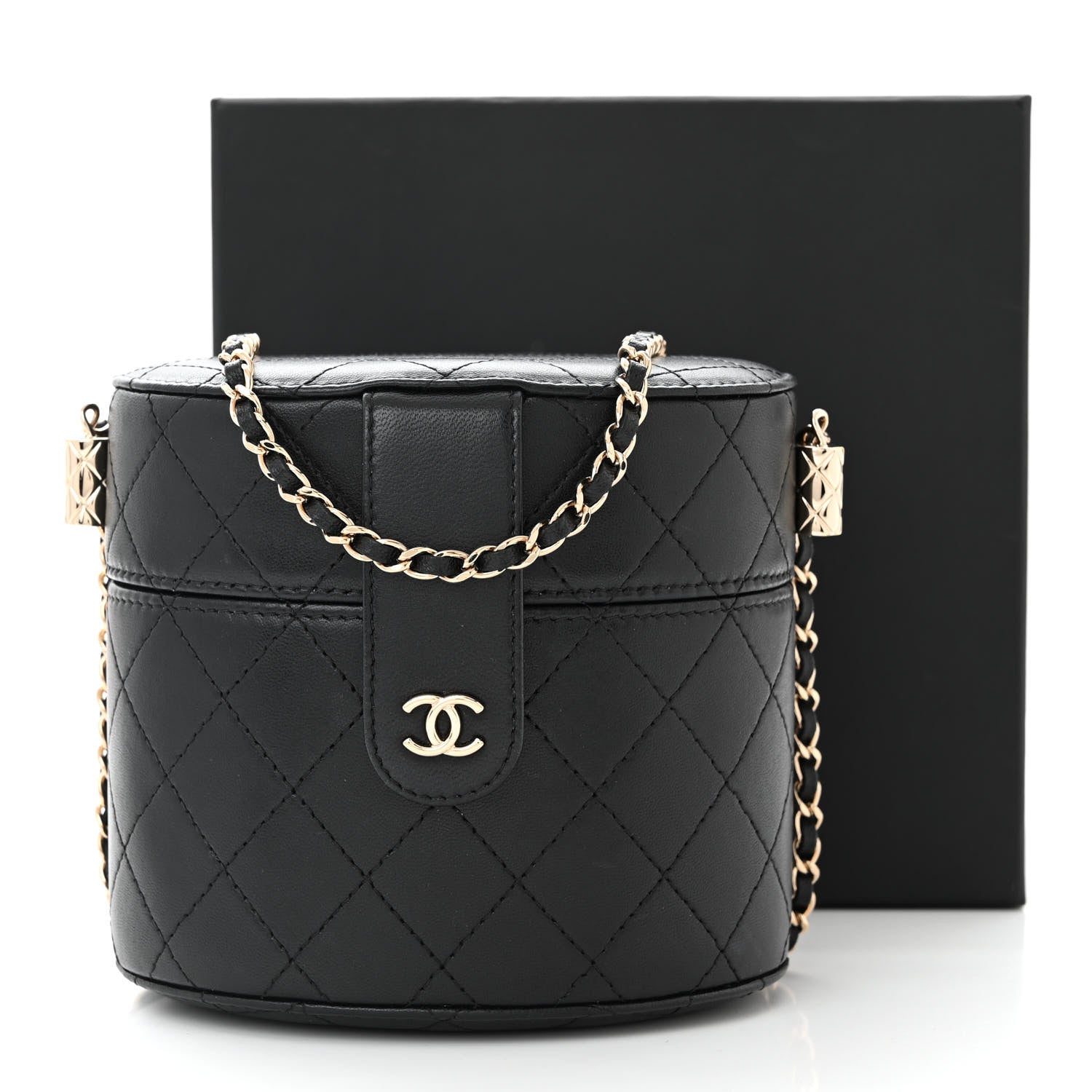 Chanel Lambskin Quilted Round Vanity Case With Chain Black 11 of 11