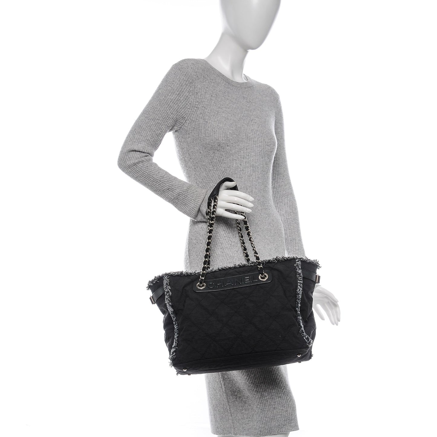 Canvas Stitched Tweed Large Tote Black