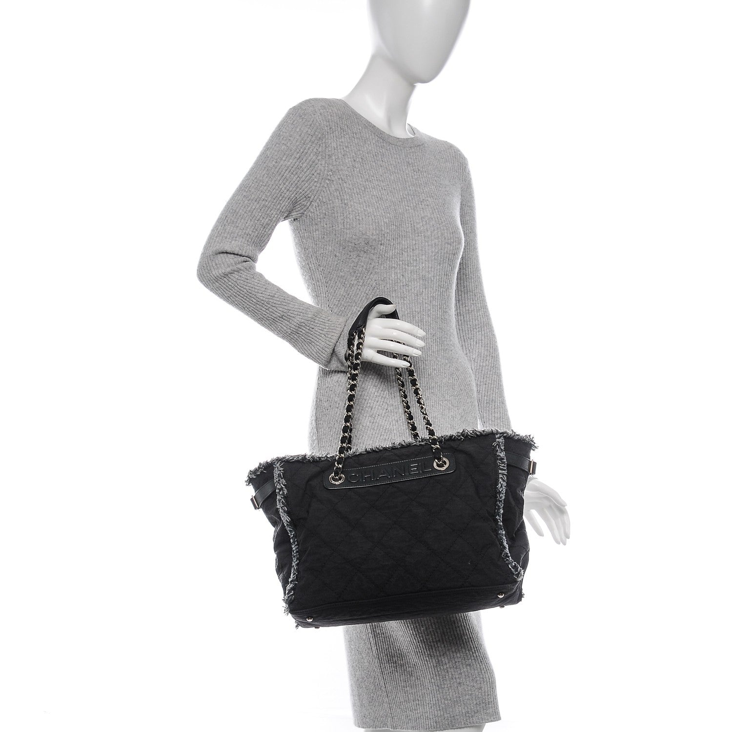 Chanel Canvas Stitched Tweed Large Tote Black 2 of 7