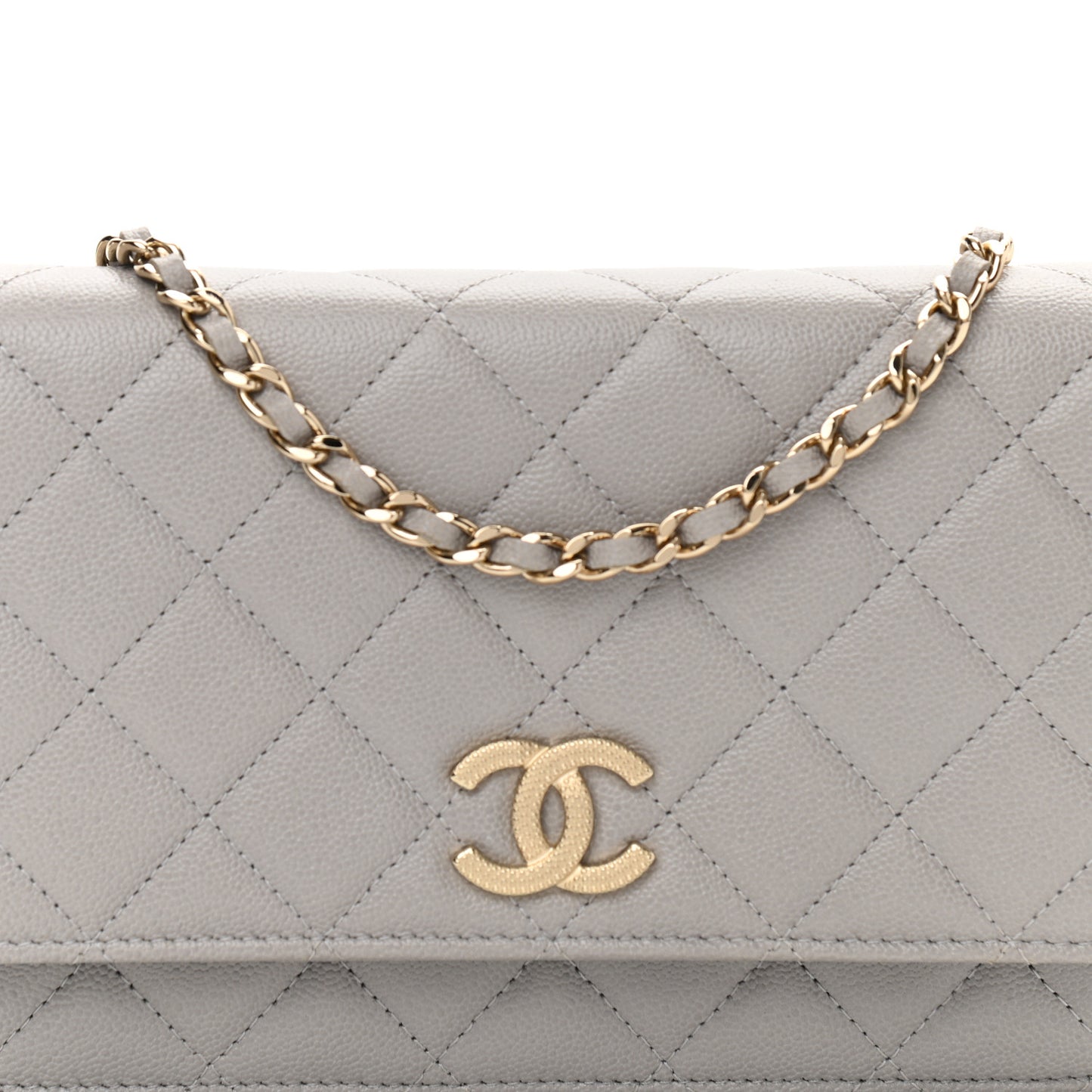 Caviar Quilted Studded CC Wallet On Chain WOC Grey