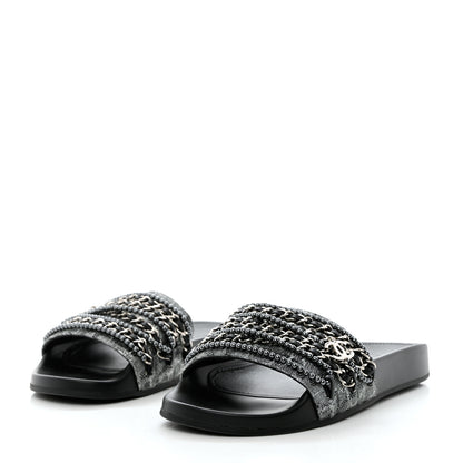 Chanel Fantasy Lambskin Chain Flat Sandals 37 Silver Black 3 of 10