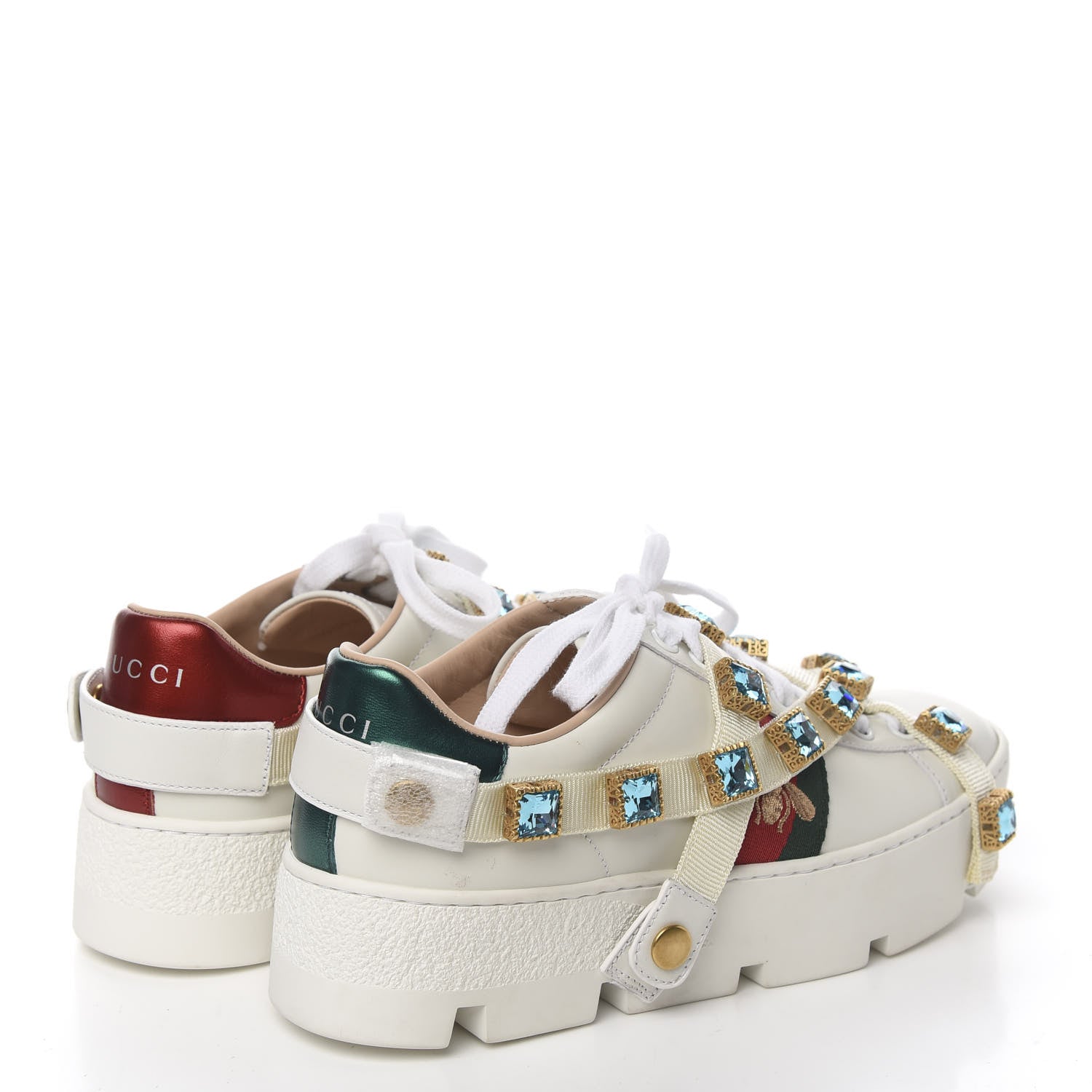Gucci Calfskin Removable Crystals Bee Embroidered Womens Ace Platform Sneakers 35 White 5 of 11