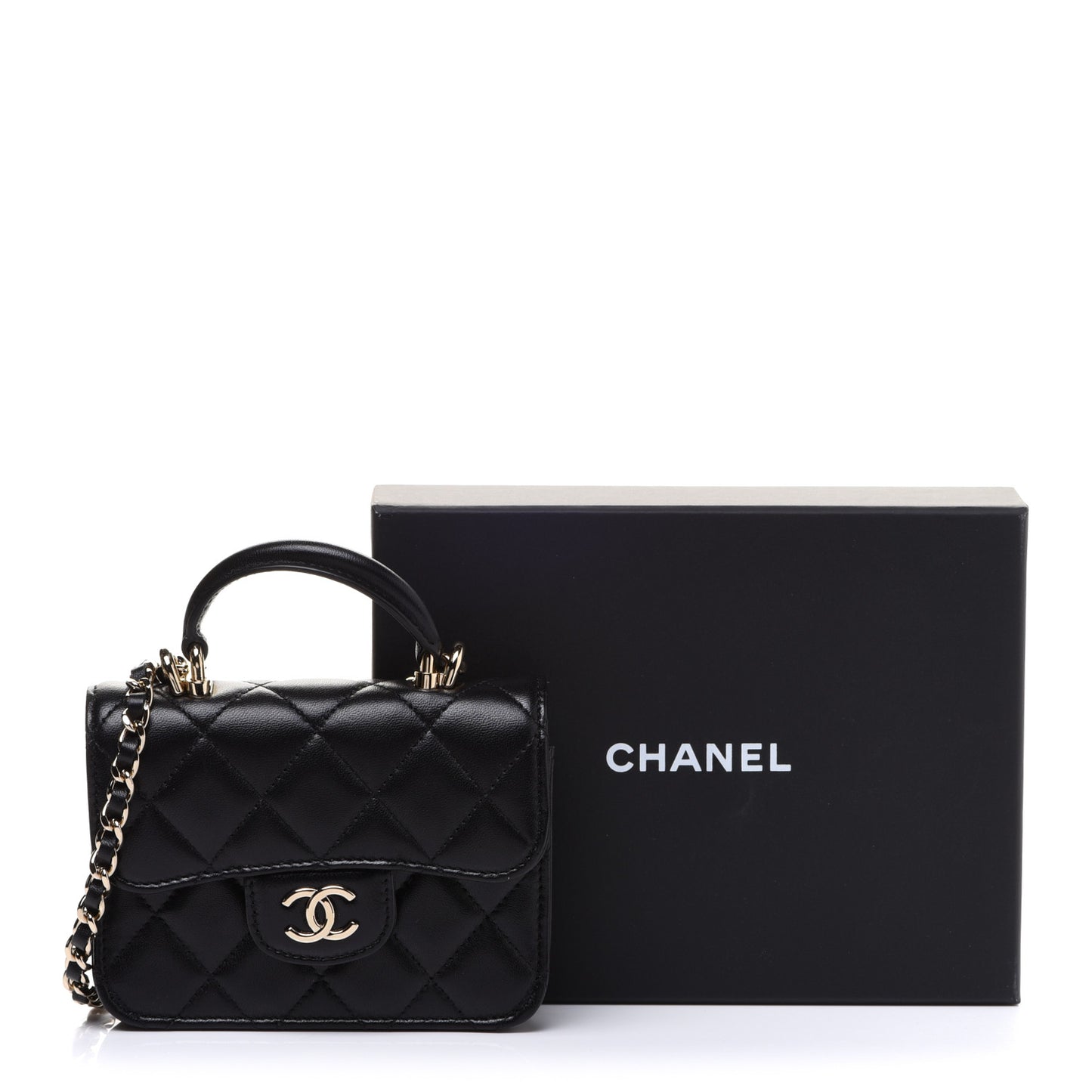 Lambskin Quilted Top Handle Flap Coin Purse With Chain Black