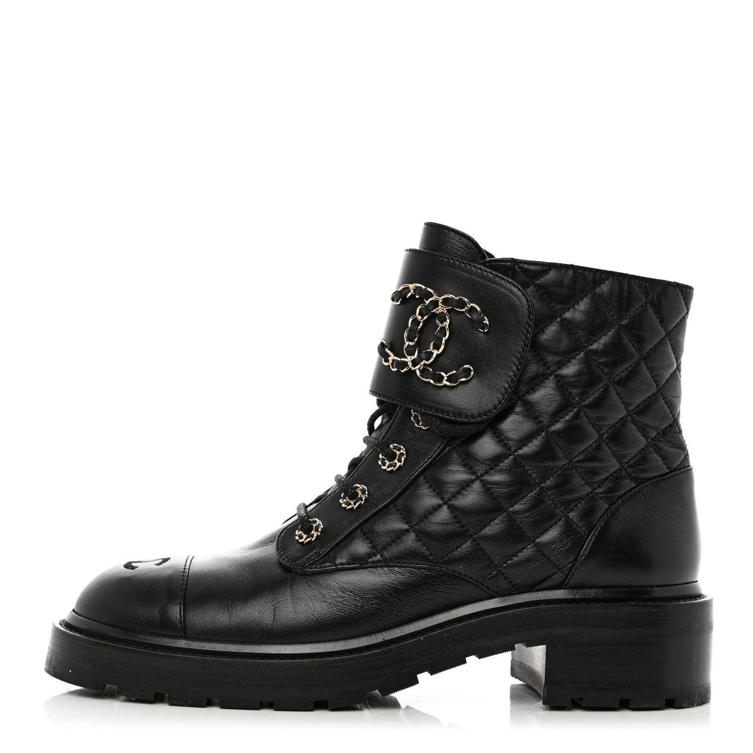 Chanel Shiny Calfskin Quilted Lace Up Combat Boots 41 Black 1 of 9