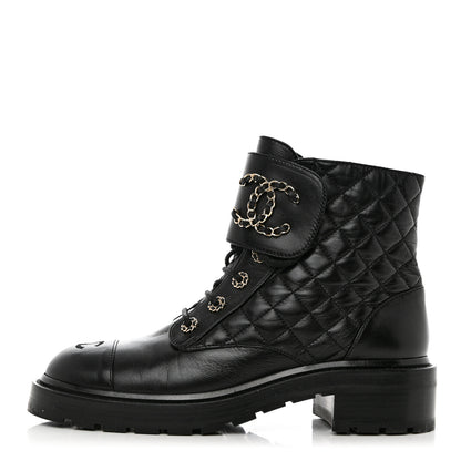 Chanel Shiny Calfskin Quilted Lace Up Combat Boots 41 Black 1 of 9