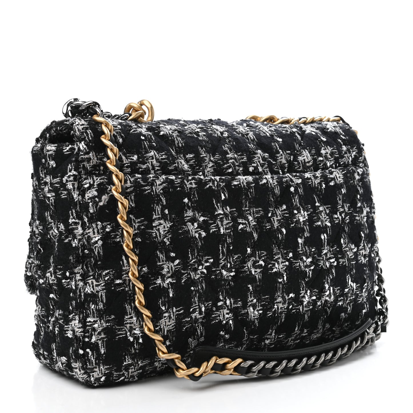 Tweed Quilted Maxi Chanel 19 Flap Black Silver Ecru