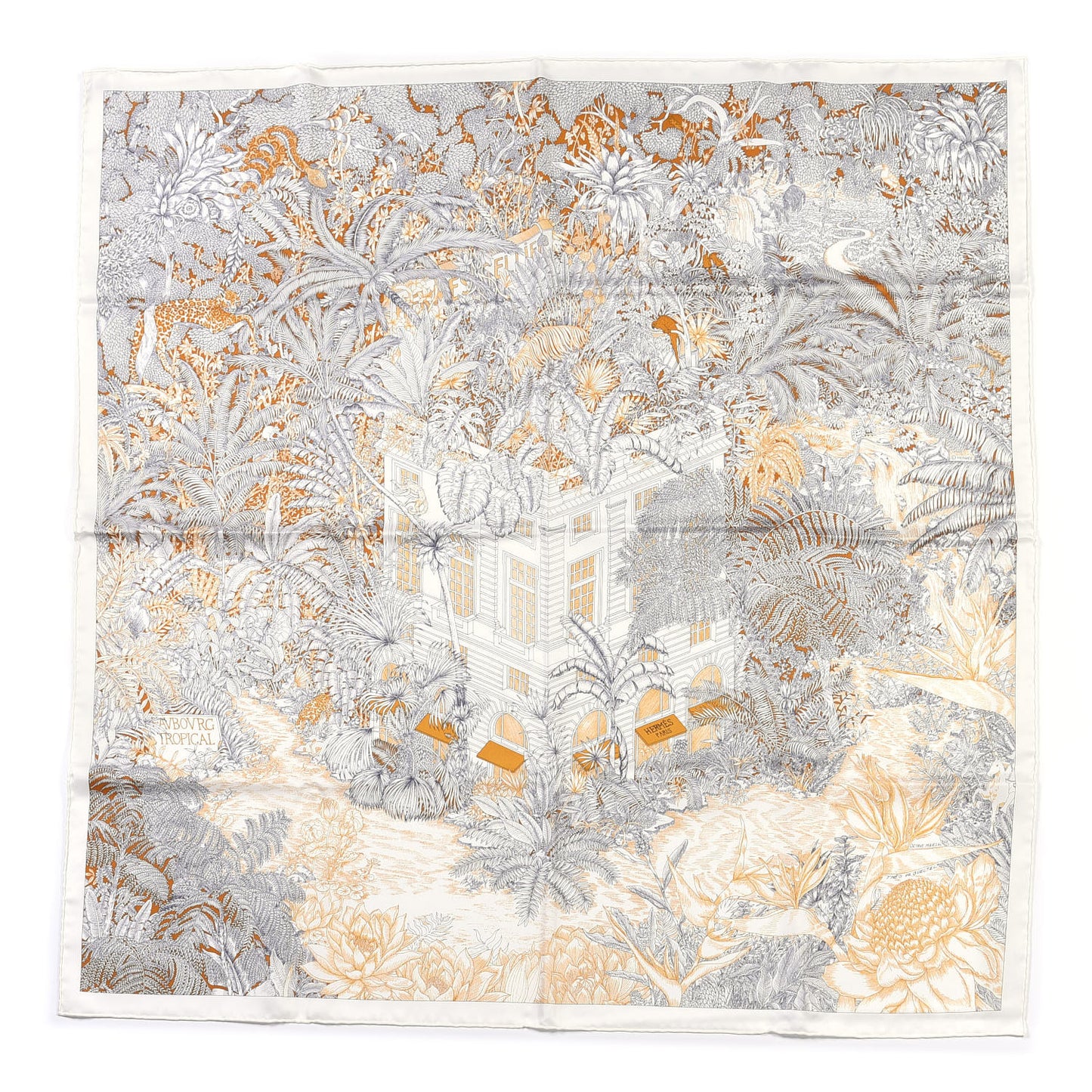 Silk Faubourg Tropical Scarf 90 Sepia White Caramel