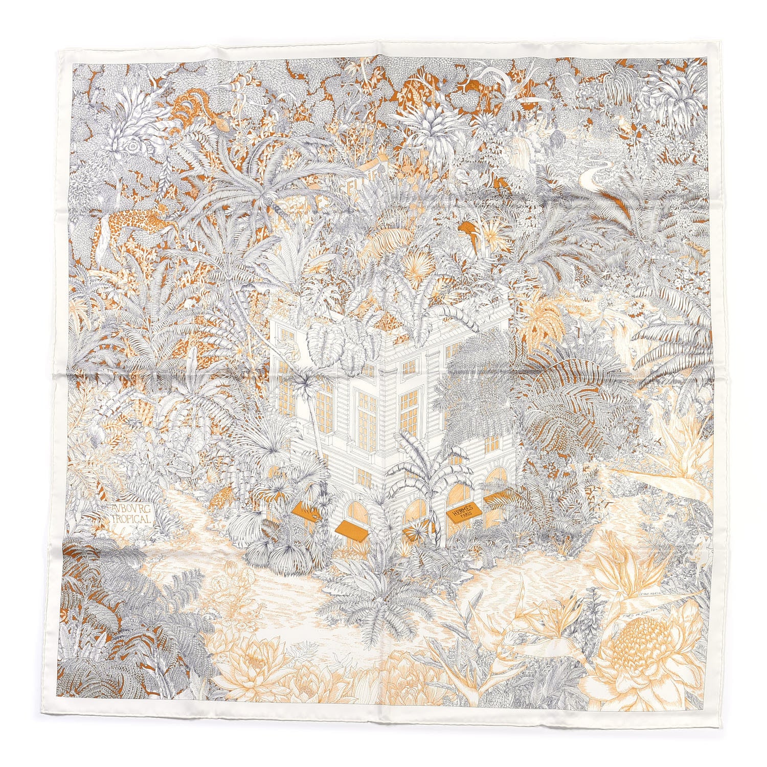 Hermes Silk Faubourg Tropical Scarf 90 Sepia White Caramel 1 of 4