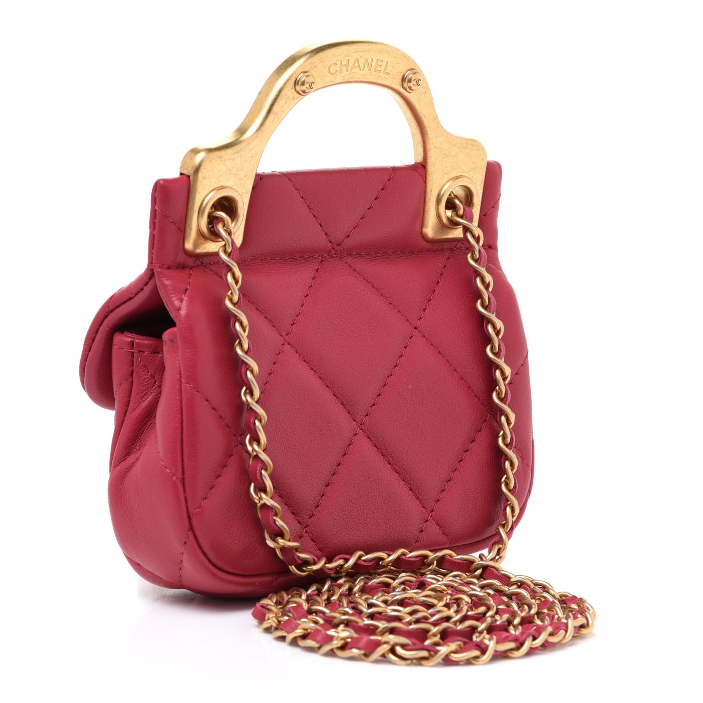 Calfskin Quilted Lady Handle Flap Card Holder With Chain Dark Pink