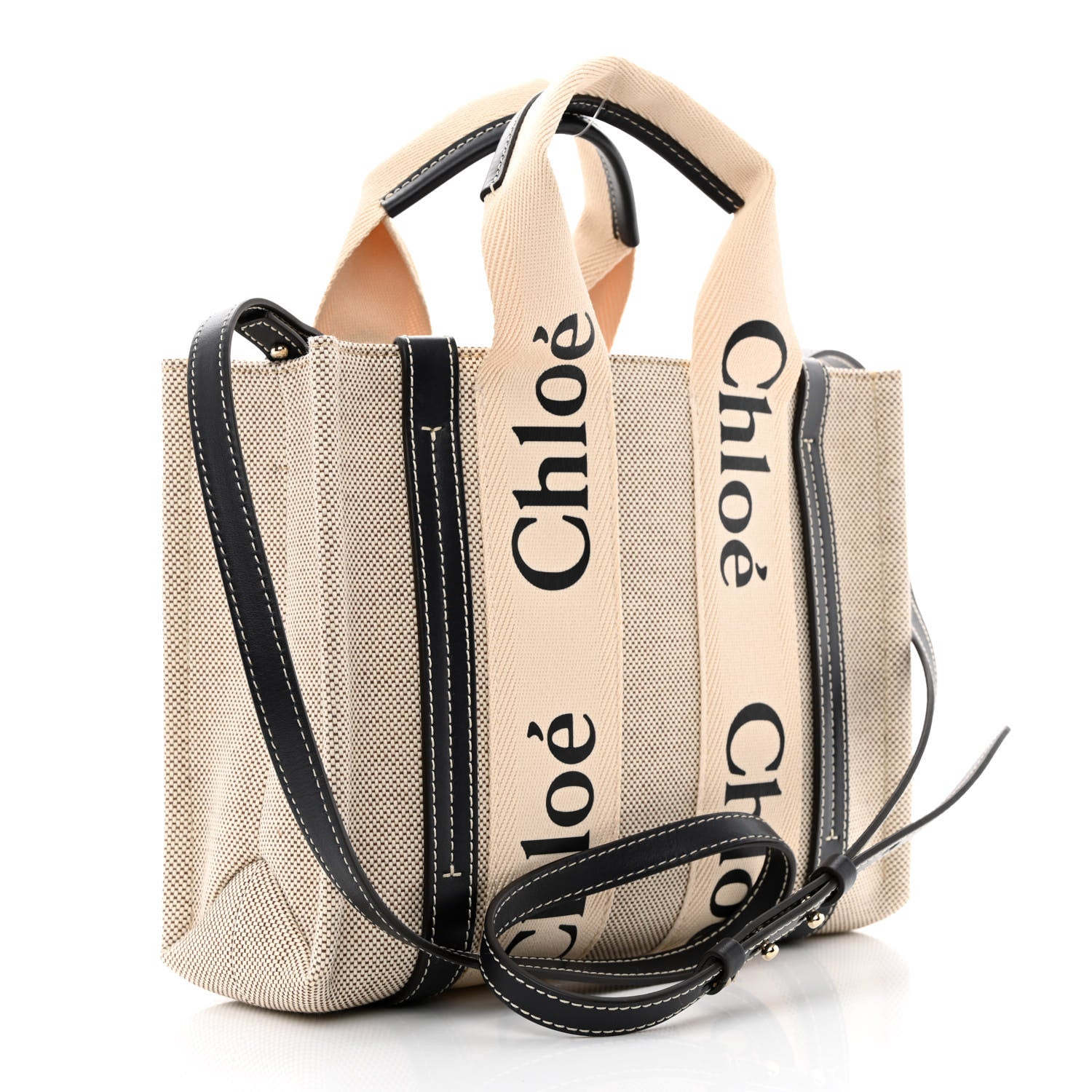Chloe Cotton Calfskin Small Woody Ribbon Tote With Strap White Navy 3 of 10