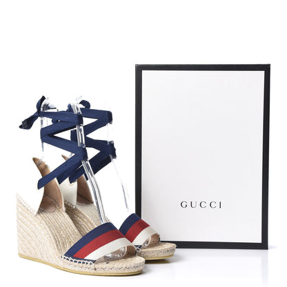 Gucci Canvas Sylvie Web Ankle Wrap Espadrille Wedge Sandals 42 Mystic White Hibiscus Red Maritime 10 of 10