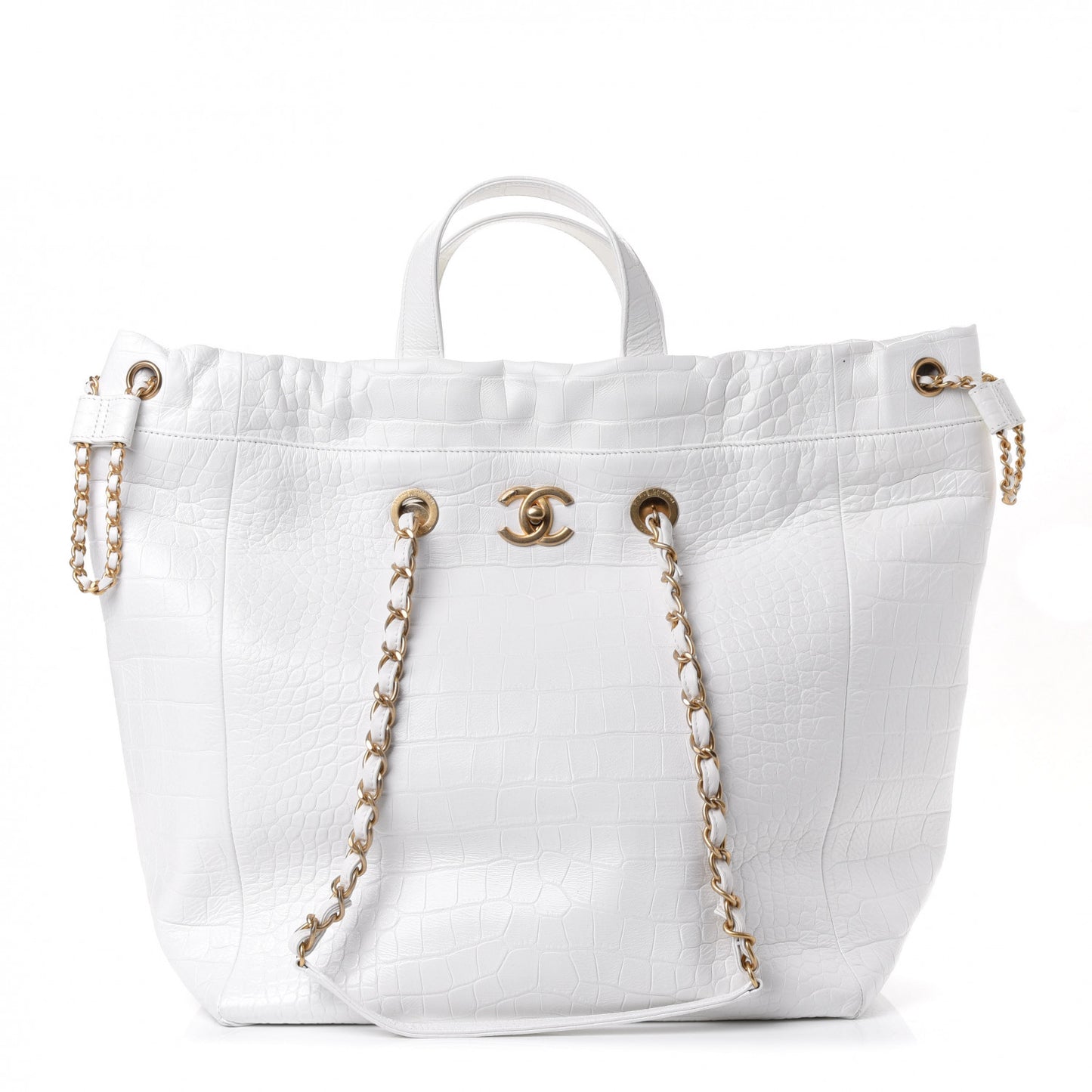Calfskin Crocodile Embossed Large Cocodile Shopping Tote White