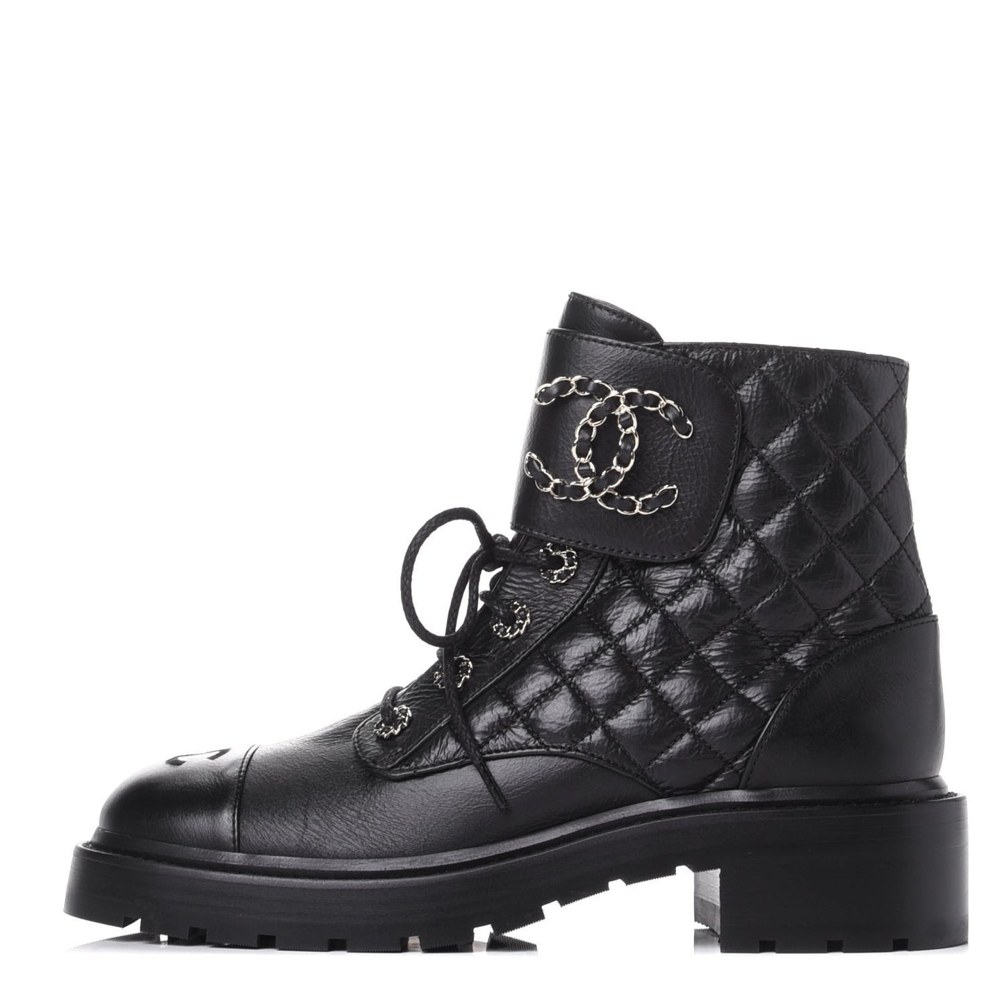 Shiny Goatskin Calfskin Quilted Lace Up Combat Boots 39 Black