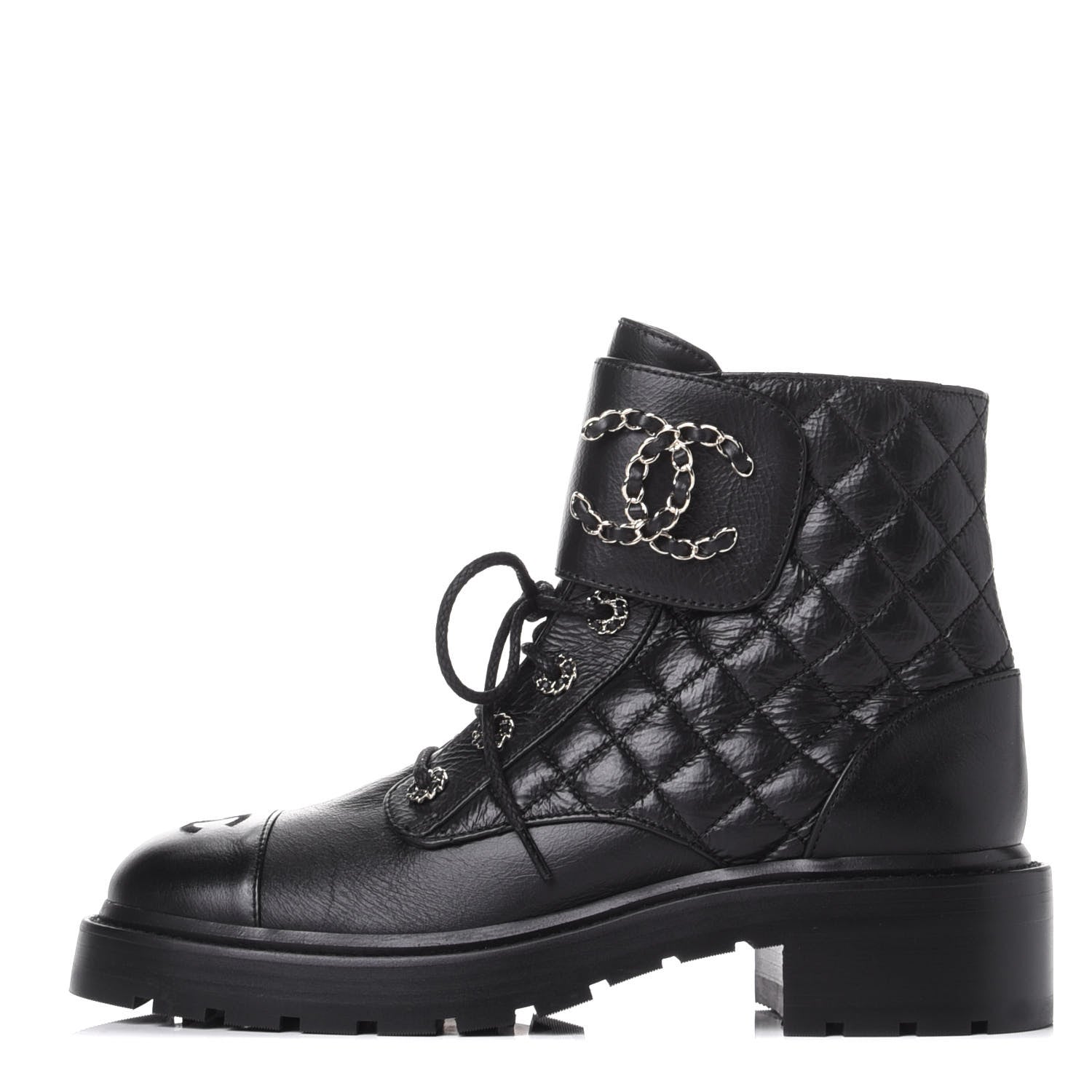 Chanel Shiny Goatskin Calfskin Quilted Lace Up Combat Boots 39 Black 1 of 11