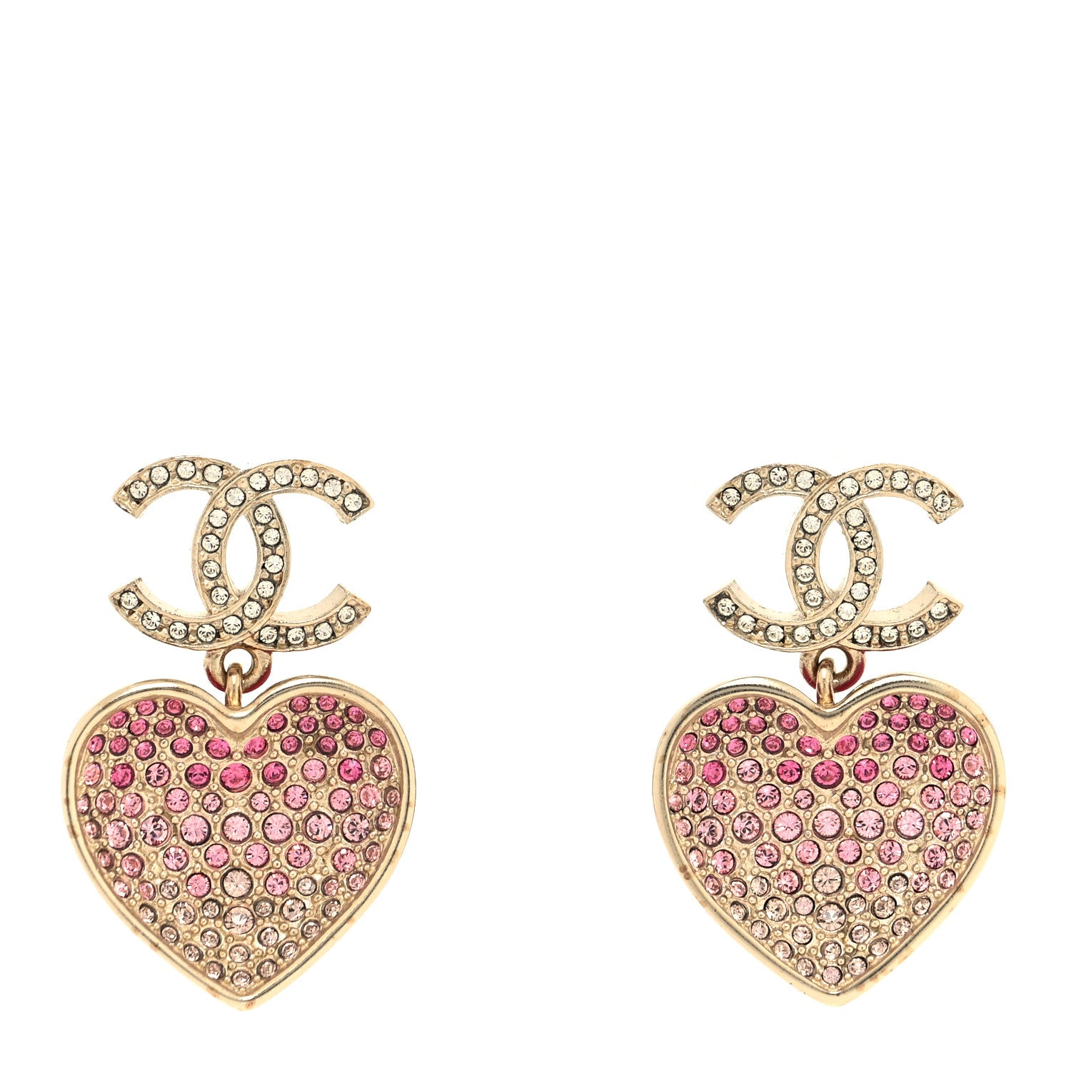 Chanel Crystal CC Resin Heart Drop Earrings Pink Gold 1 of 5