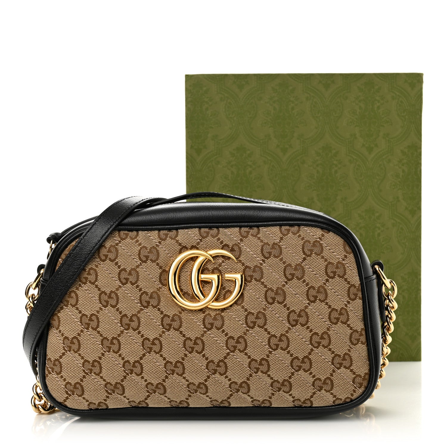 Gucci Monogram Matelasse Diagonal Small GG Marmont Chain Shoulder Bag Beige Black 12 of 12
