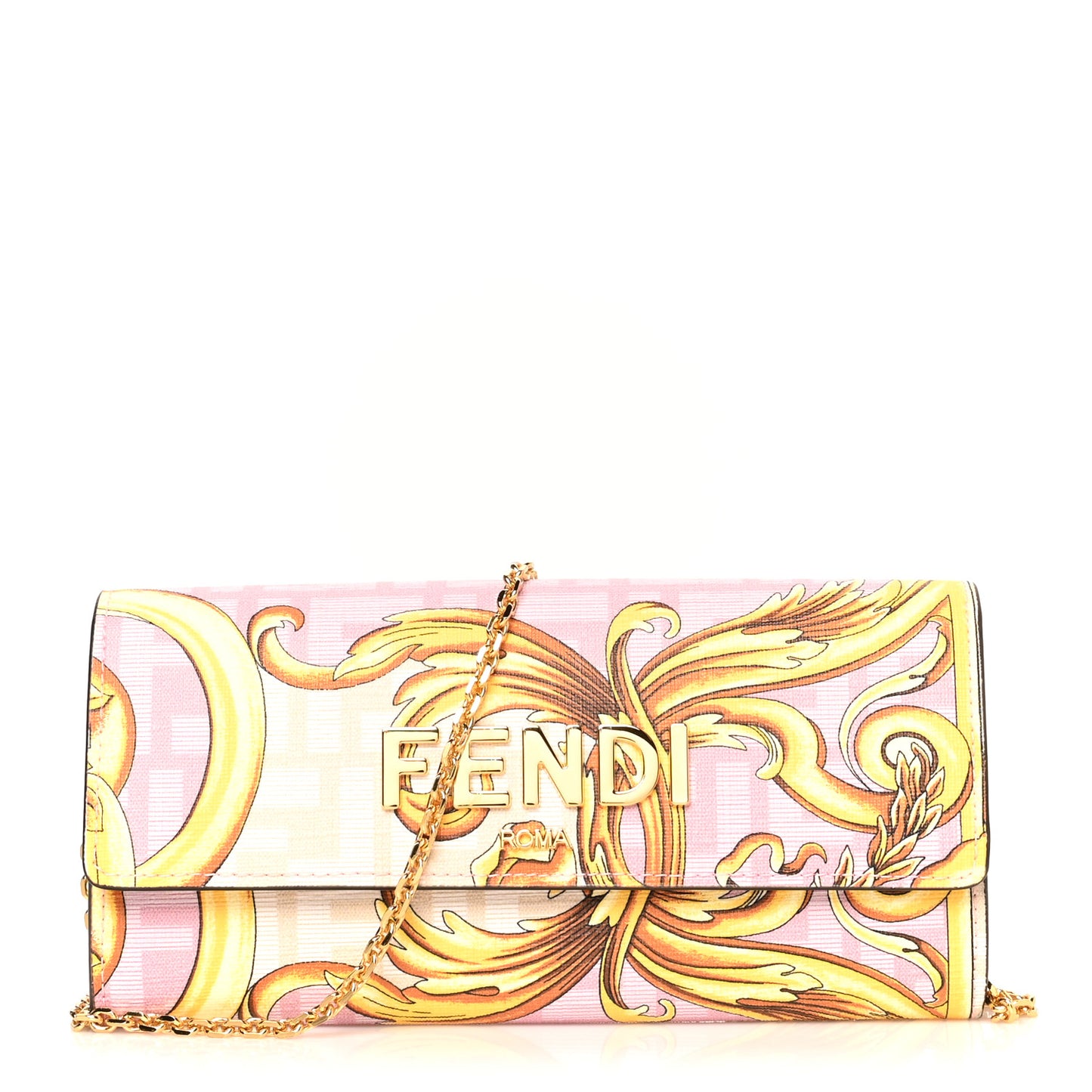 X VERSACE Glazed Fabric Fendace FF Baroque Continental Wallet On Chain Gold White Rosa