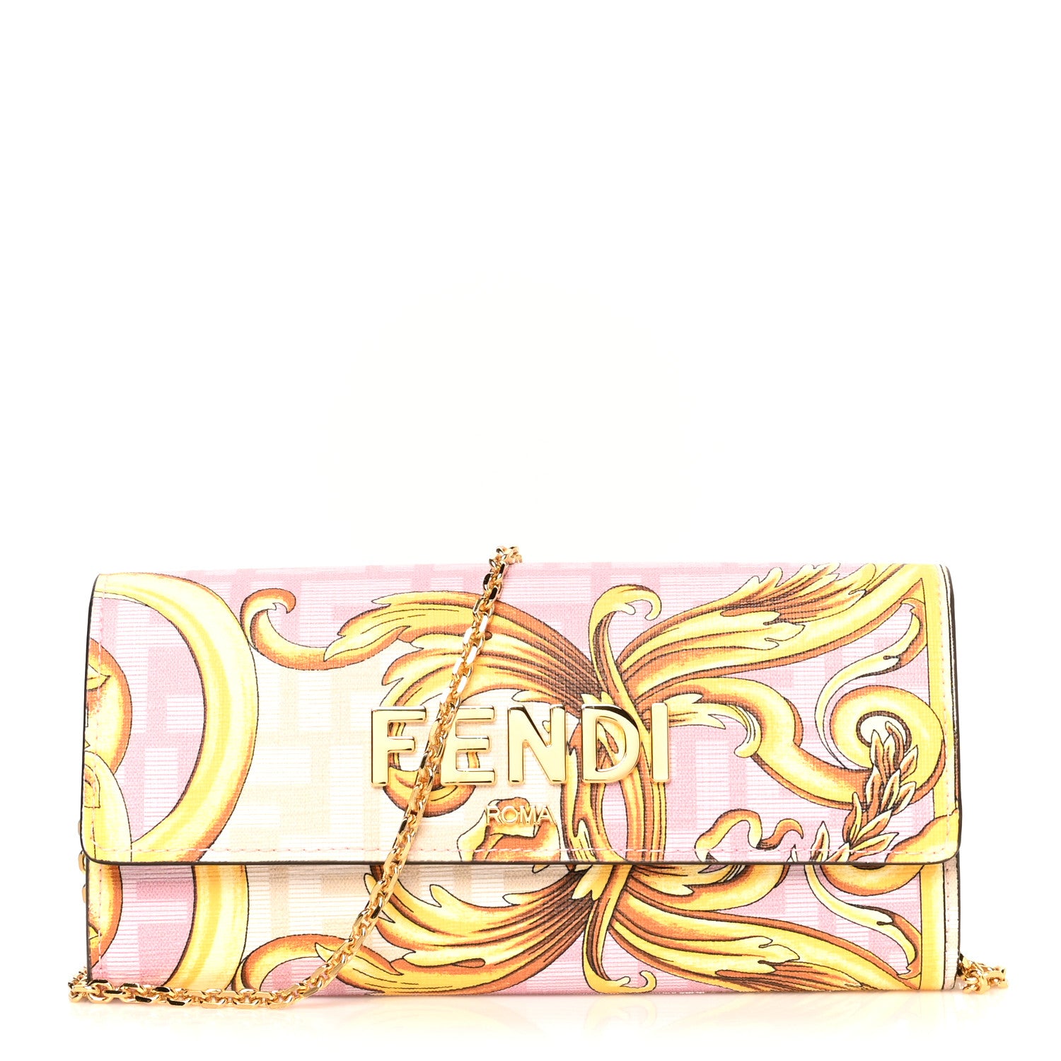Fendi X VERSACE Glazed Fabric Fendace FF Baroque Continental Wallet On Chain Gold White Rosa 1 of 13
