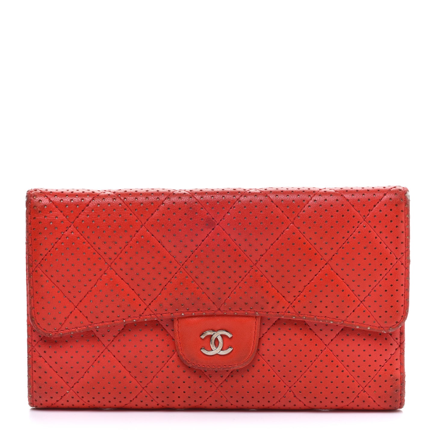 Perforated Lambskin Quilted Flap Wallet Red