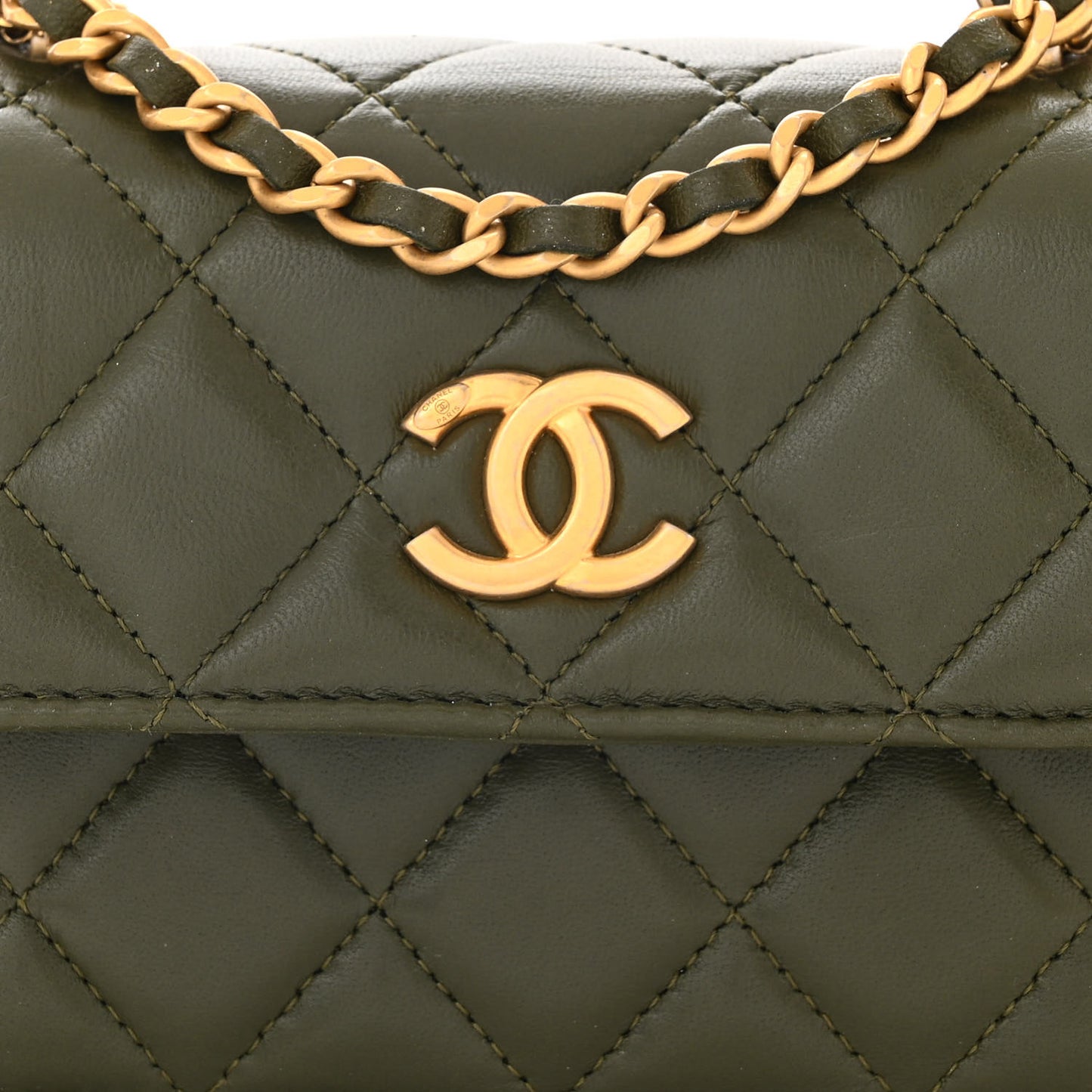 Lambskin Quilted Chain Top Handle Clutch With Chain Khaki