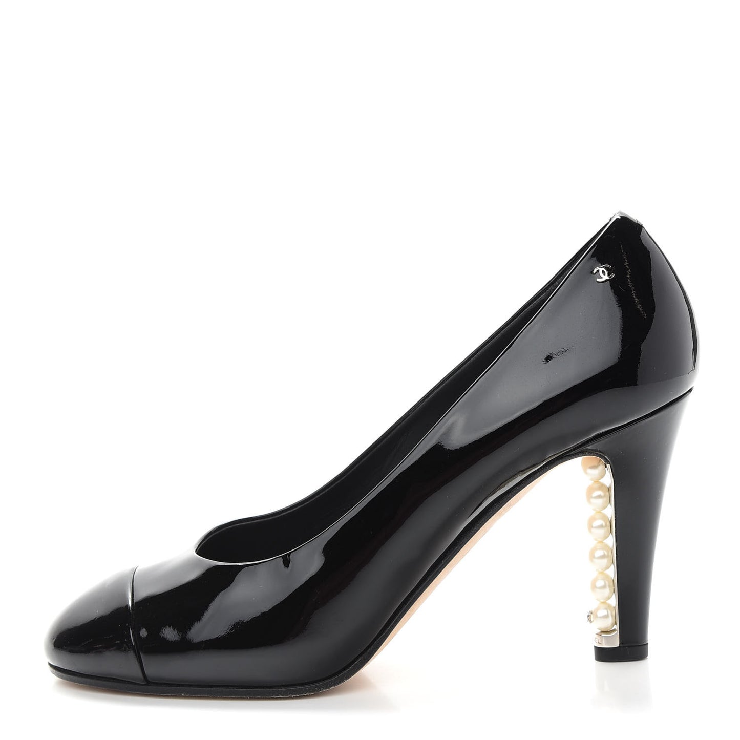 Patent Calfskin Cap Toe CC Pearl Pumps 37.5 Black