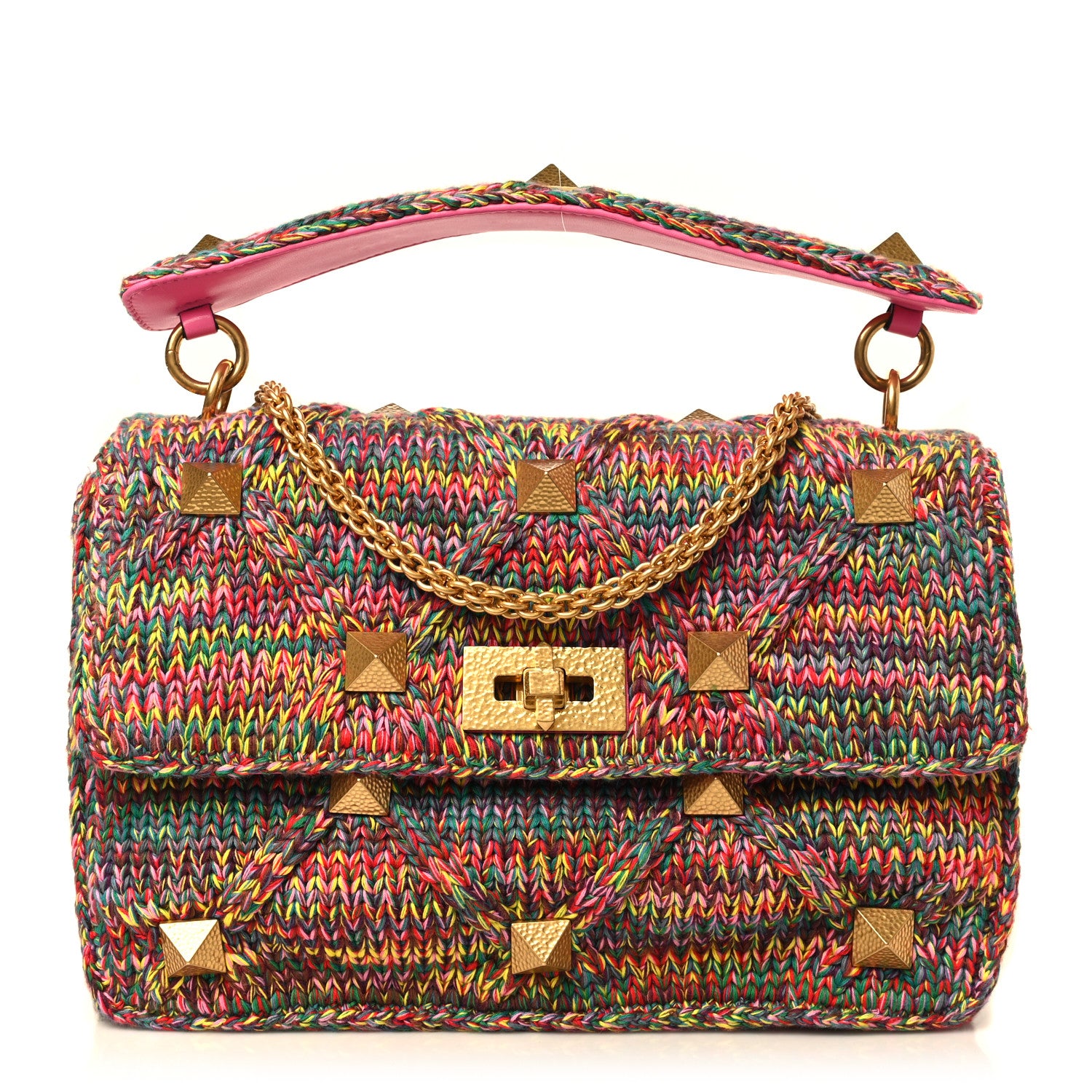 Valentino Garavani Wool Woven Large Roman Stud Shoulder Bag Multicolor Feminine Pink 1 of 8