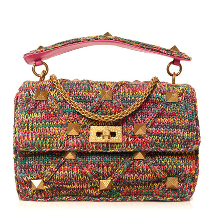 Valentino Garavani Wool Woven Large Roman Stud Shoulder Bag Multicolor Feminine Pink 1 of 8