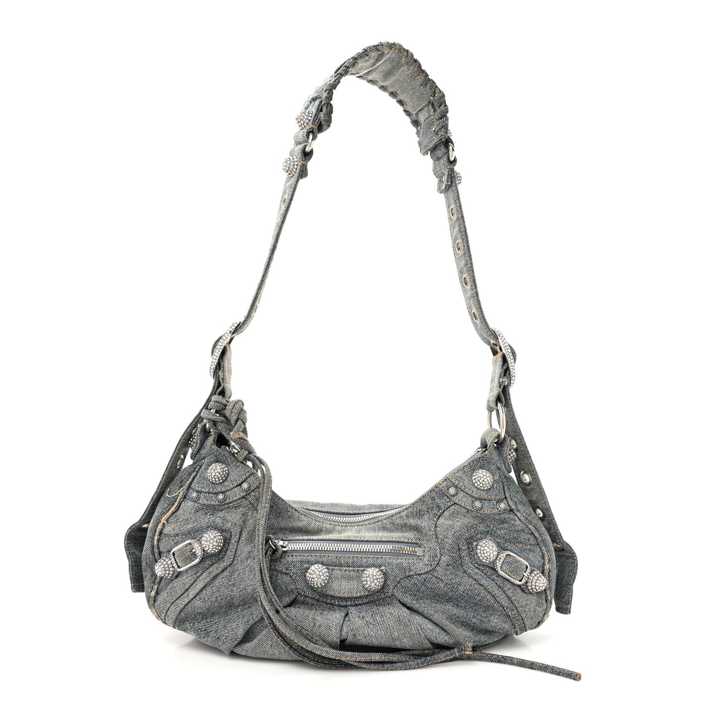 Washed Frayed Denim Crystal Small Le Cagole Shoulder Bag Blue