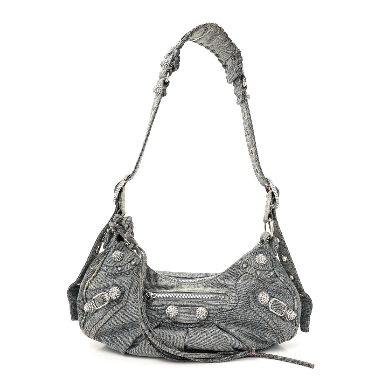 Balenciaga Washed Frayed Denim Crystal Small Le Cagole Shoulder Bag Blue 1 of 15