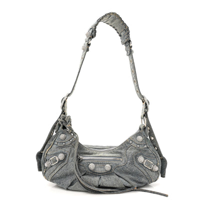 Balenciaga Washed Frayed Denim Crystal Small Le Cagole Shoulder Bag Blue 1 of 15