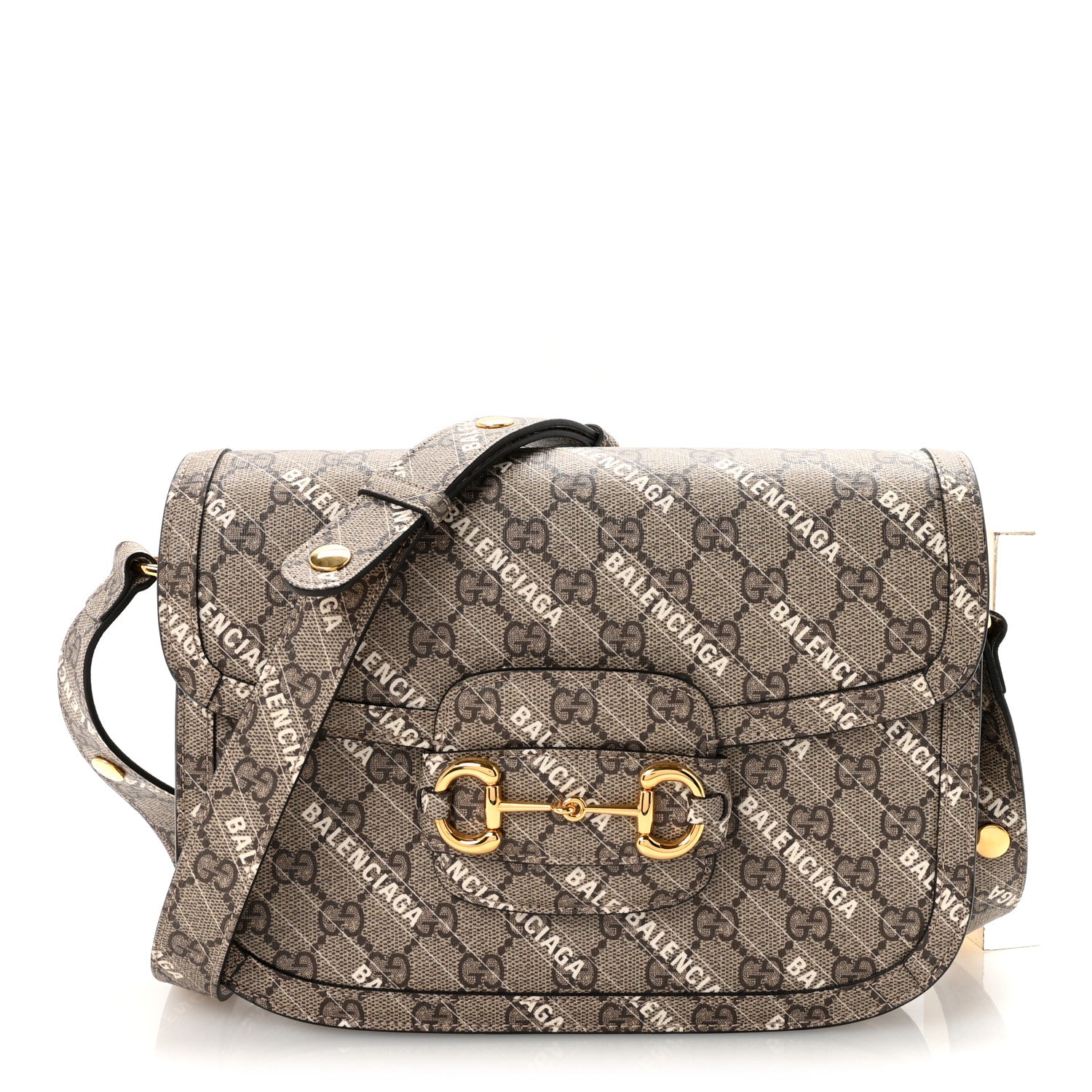 Gucci X BALENCIAGA GG Supreme Monogram Logo Print Horsebit 1955 Shoulder Bag Beige Ebony 1 of 10
