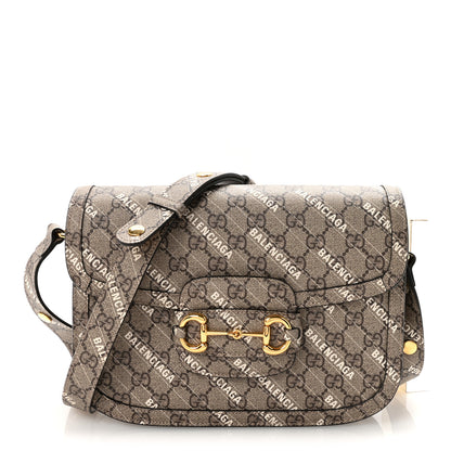 Gucci X BALENCIAGA GG Supreme Monogram Logo Print Horsebit 1955 Shoulder Bag Beige Ebony 1 of 10