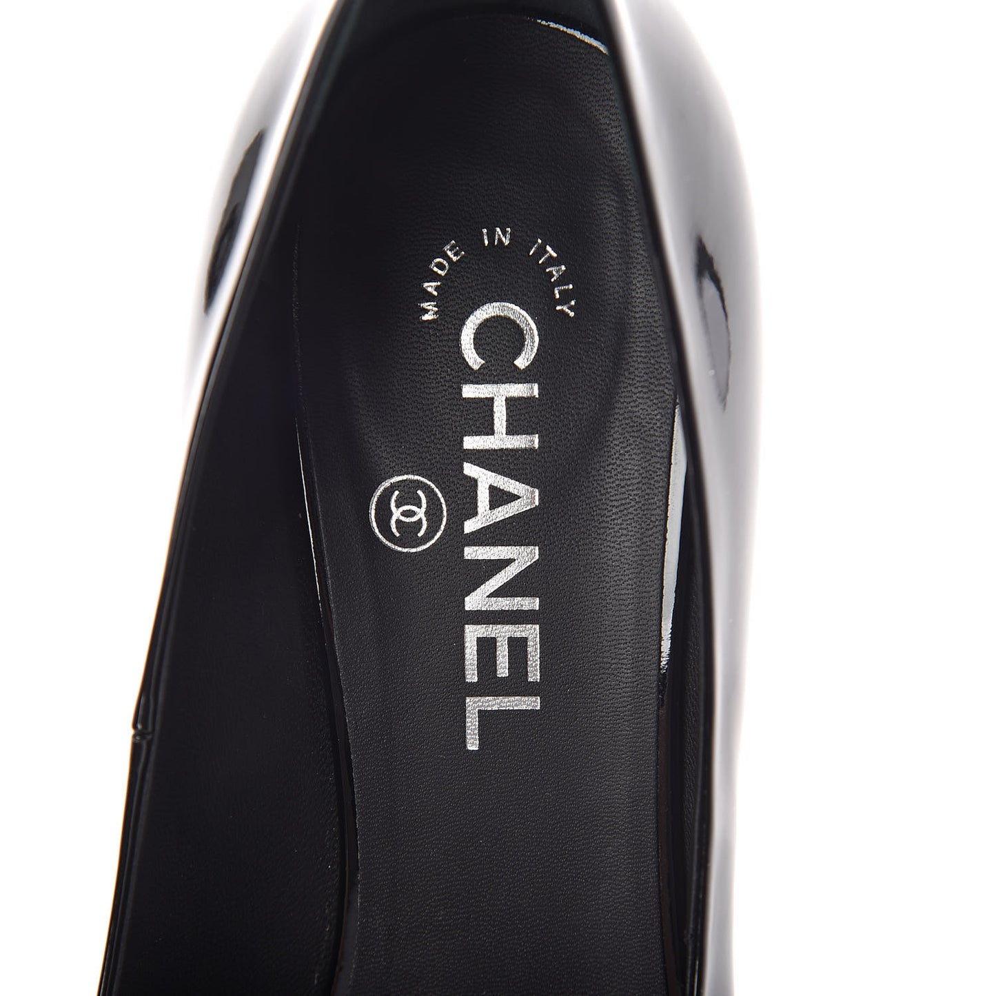 Patent Calfskin Pearl CC Open Toe Pumps 39.5 Black