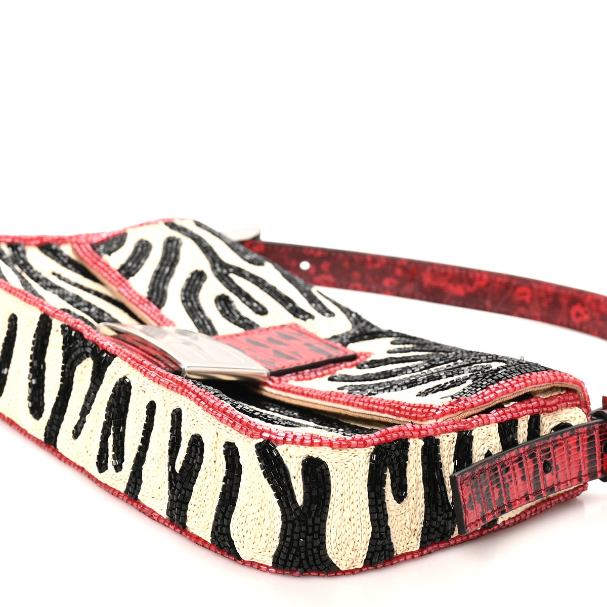 Silk Lizard Raffia Embroidery Tiger Print Baguette Re Edition 26424 Black Natural Dark Red