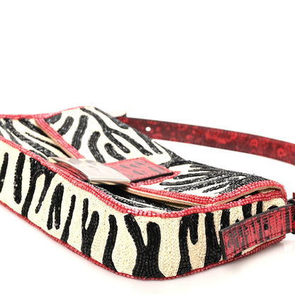 Fendi Silk Lizard Raffia Embroidery Tiger Print Baguette Re Edition 26424 Black Natural Dark Red 9 of 10