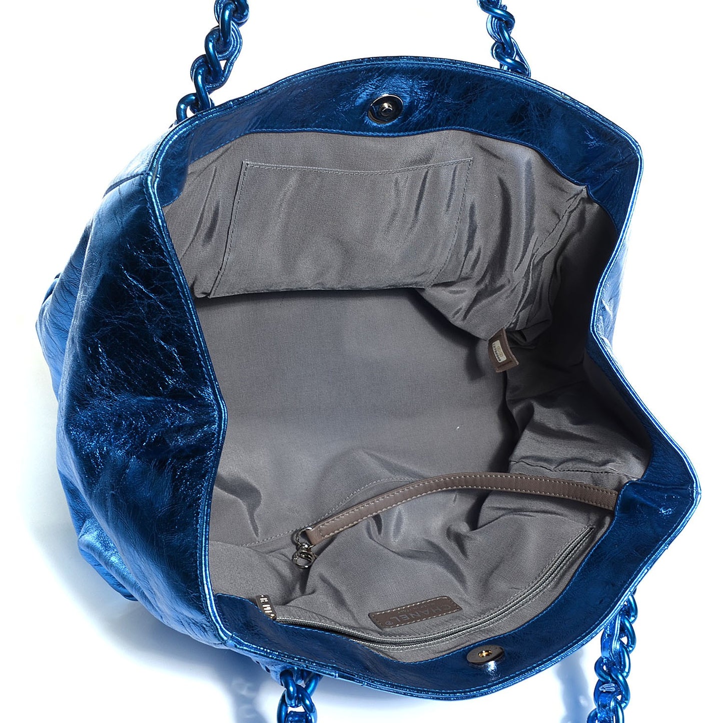 Metallic Cracked Calfskin Small Modern Chain Tote Blue