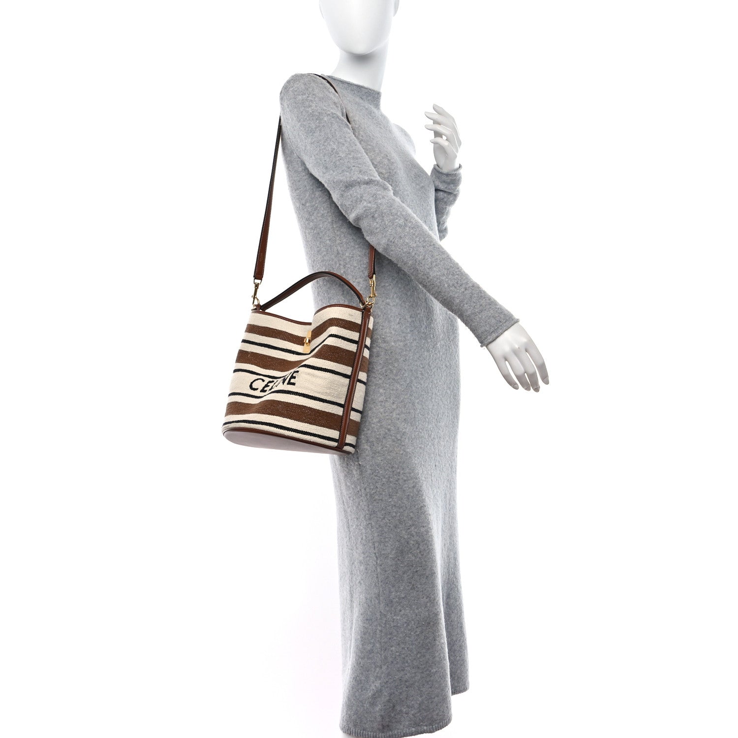Celine Canvas Smooth Calfskin Logo Bucket 16 Bag Brown Off White Tan 2 of 9