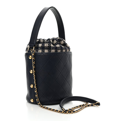 Chanel Calfskin Tweed Medium CC Chain Bucket Drawstring Bag Navy Blue Multicolor 3 of 13
