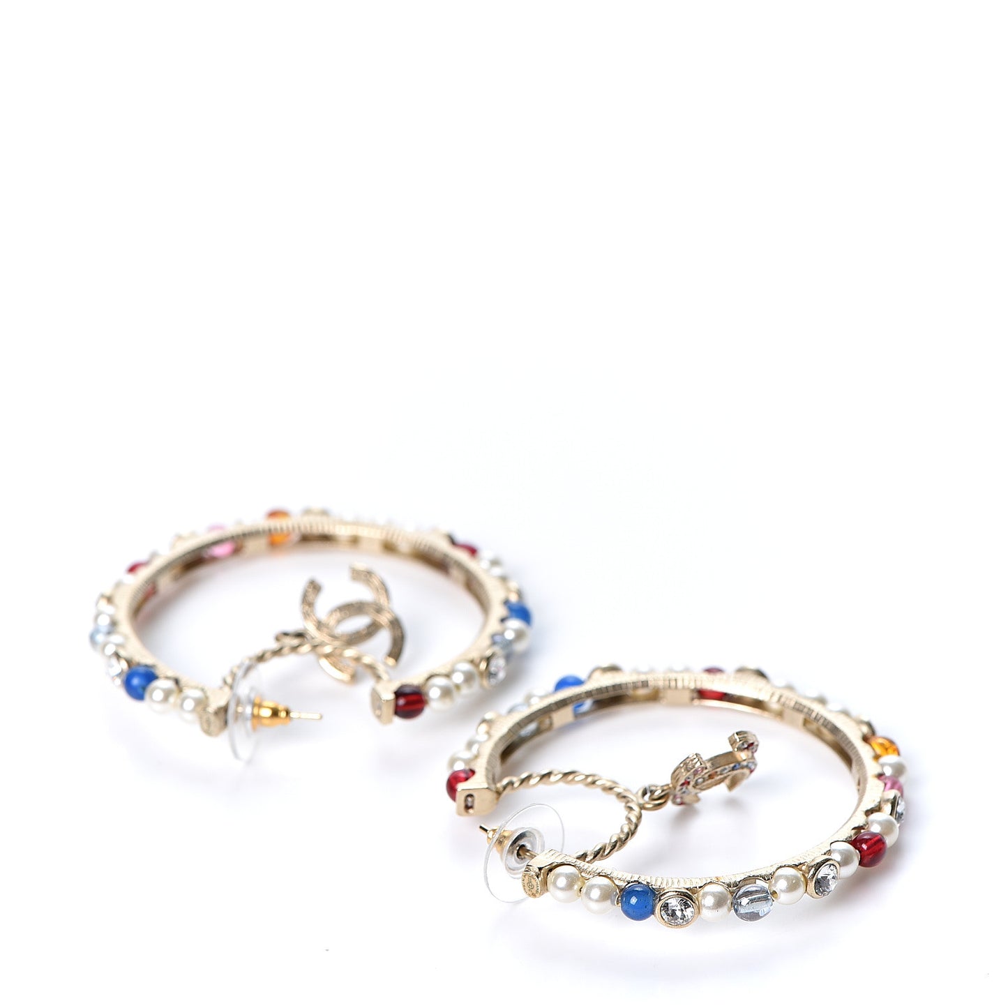 Crystal Pearl Bead CC Drop Hoop Earrings Gold Multicolor