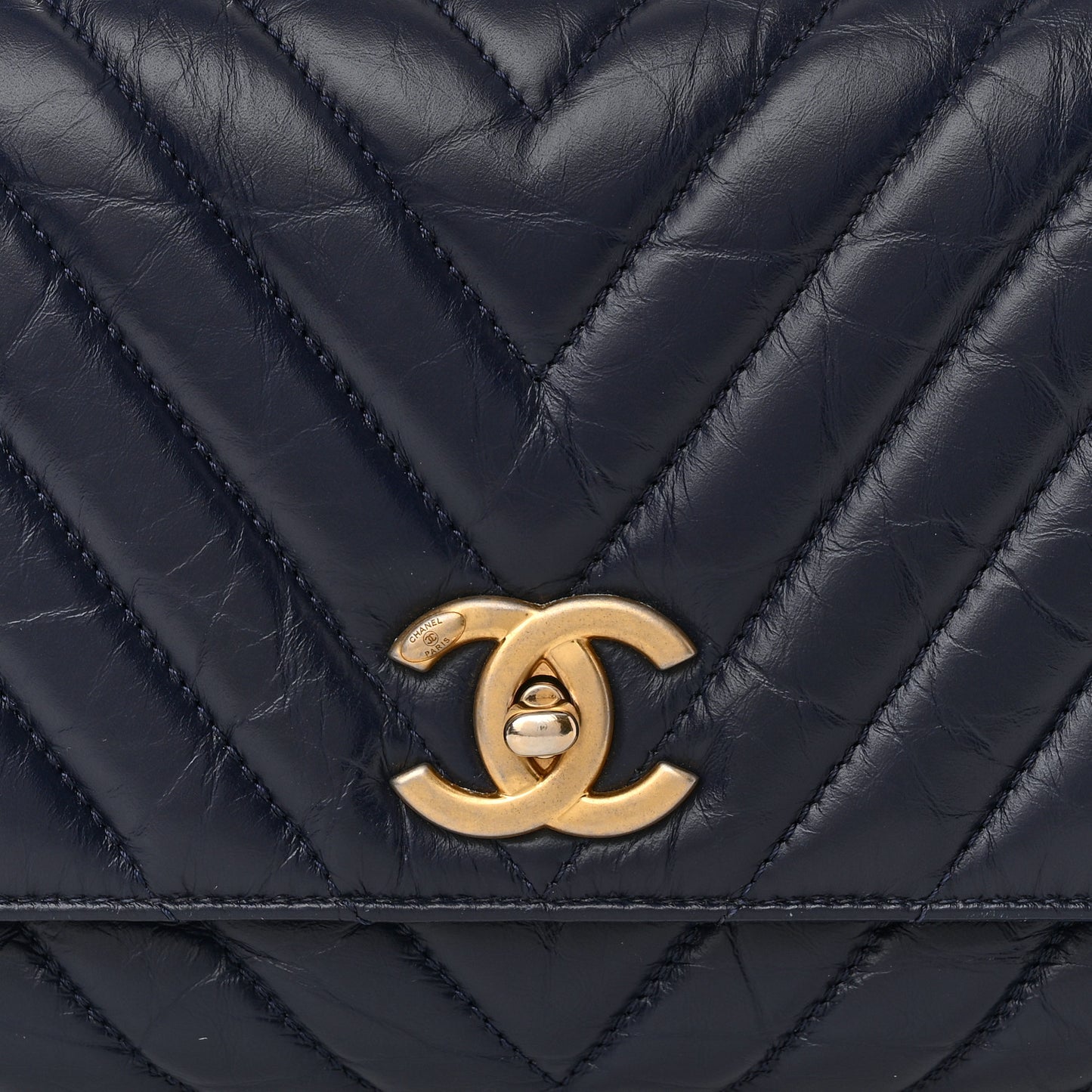 Aged Calfskin Chevron Quilted Small Coco Handle Flap Navy