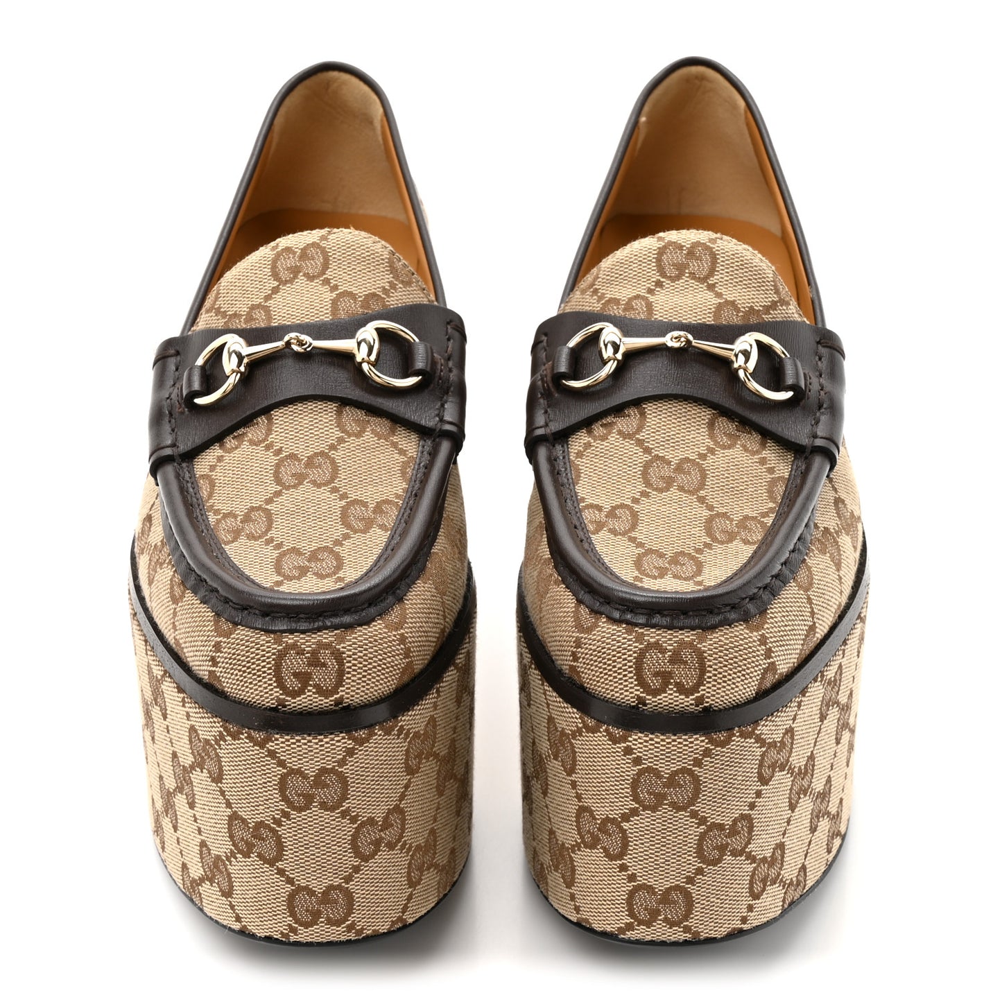 Canvas GG Monogram Horsebit Calfskin Womens Horsebit Platform Loafers 37.5 Beige Ebony Cocoa