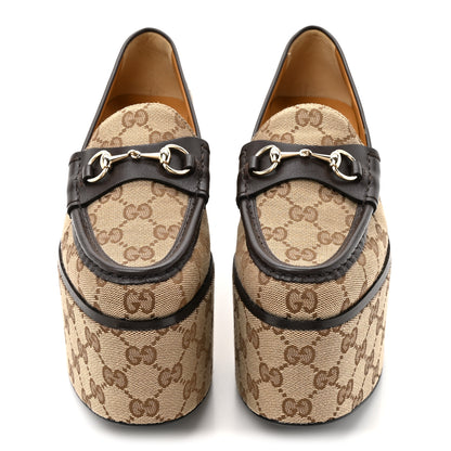 Gucci Canvas GG Monogram Horsebit Calfskin Womens Horsebit Platform Loafers 37.5 Beige Ebony Cocoa 3 of 12