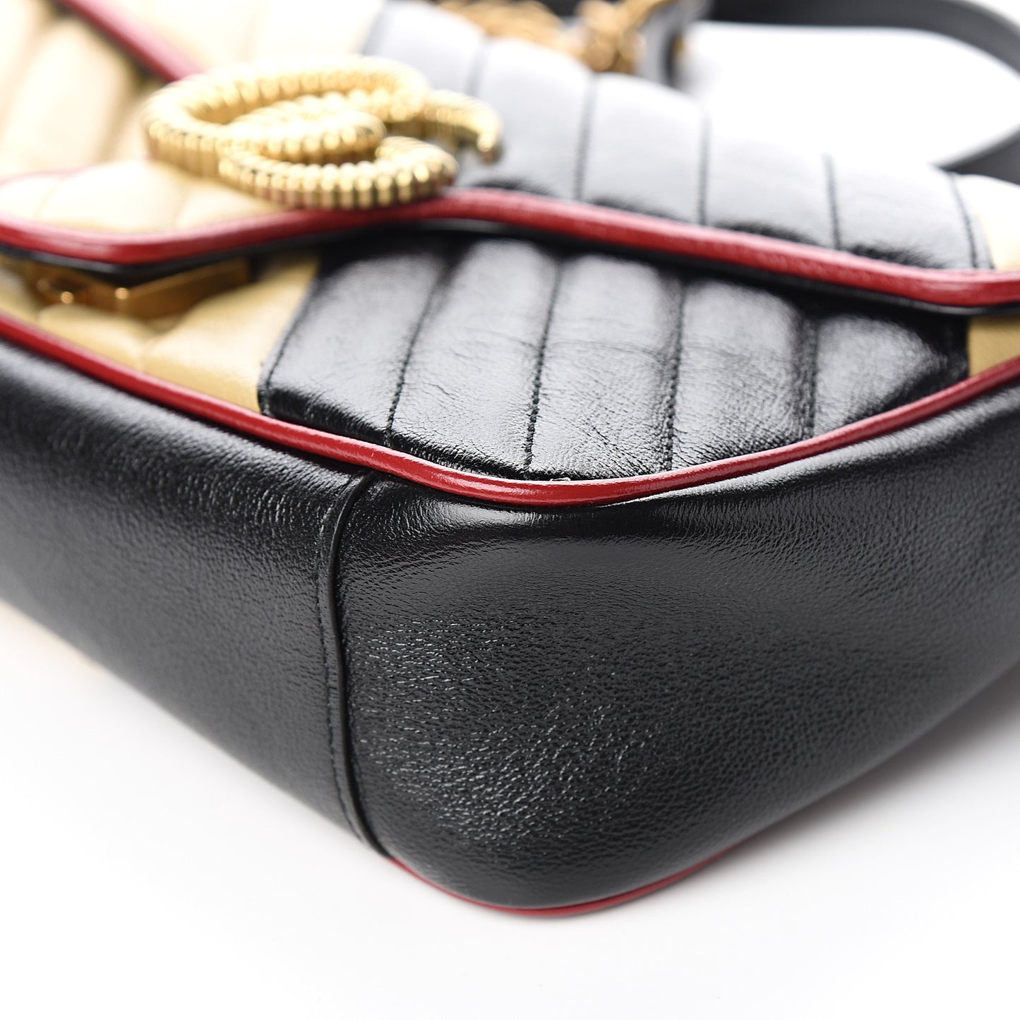 Vintage Effect Calfskin Matelasse Diagonal Striped Small Torchon GG Marmont Shoulder Bag Black Beige
