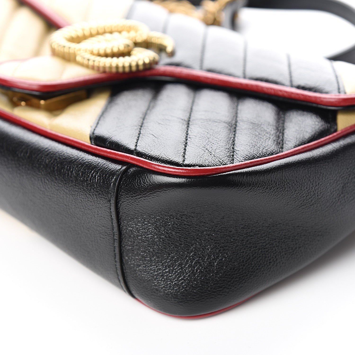 Gucci Vintage Effect Calfskin Matelasse Diagonal Striped Small Torchon GG Marmont Shoulder Bag Black Beige 8 of 9
