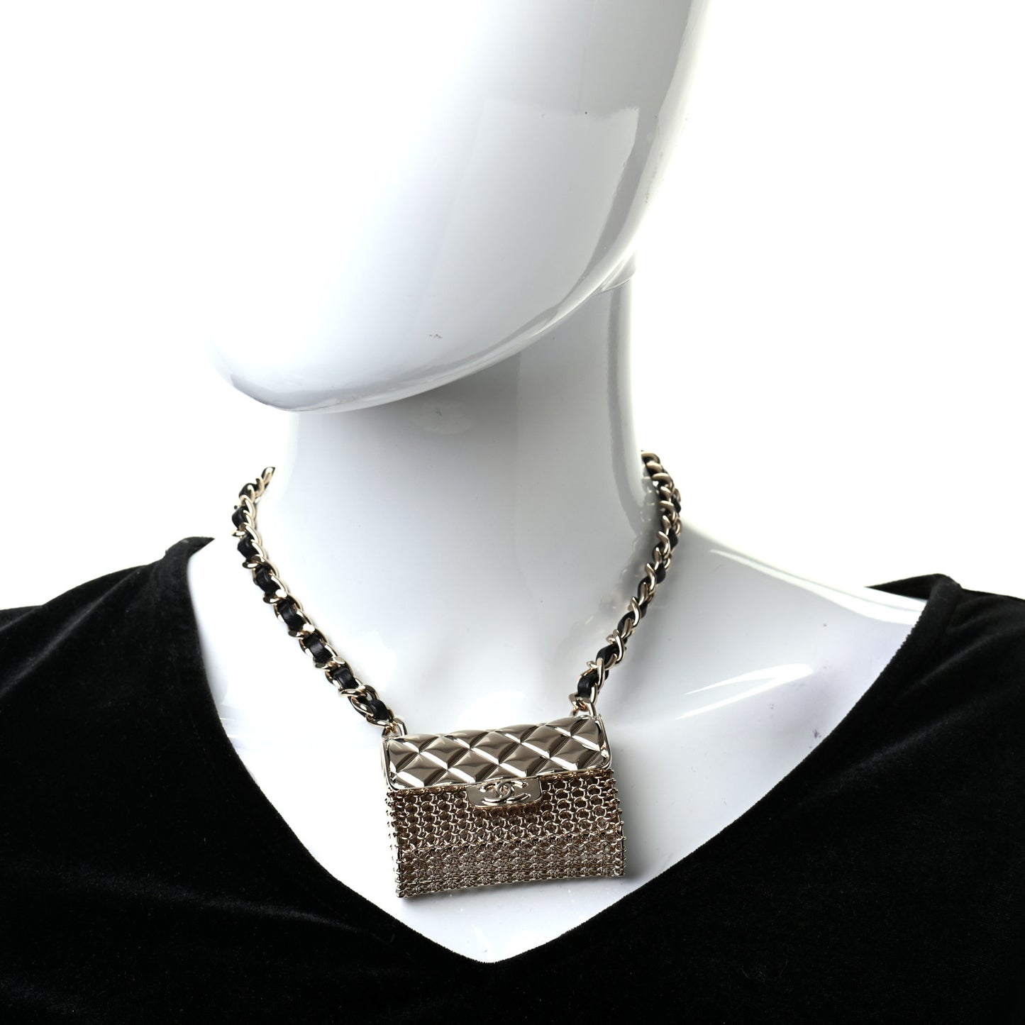 Metal Lambskin Chain Micro Bag Necklace Gold Black